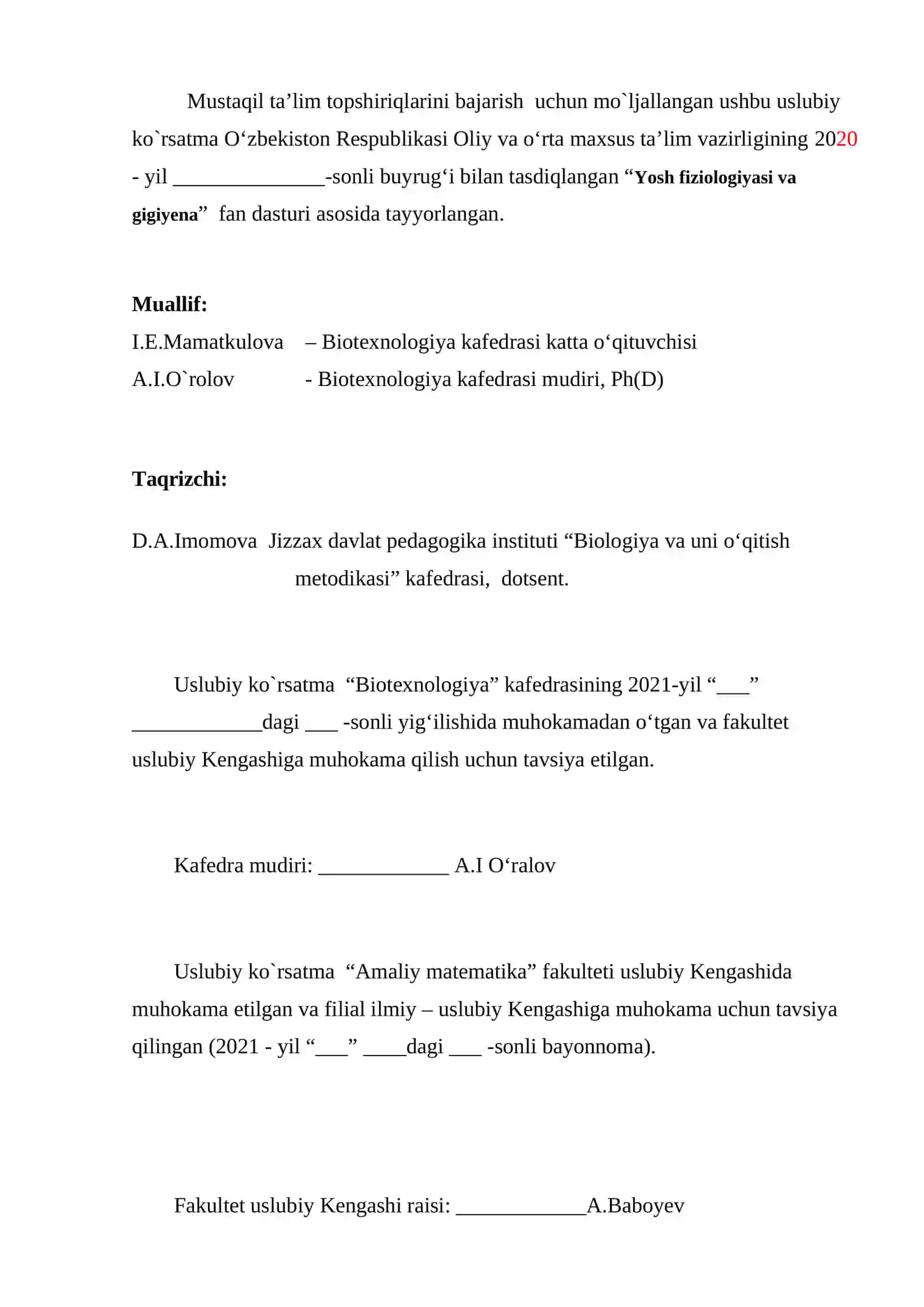 Yosh fiziologiyasi va gigiyena fanidan mustaqil ishlar uchun Uslubiy ko’rsatma 3