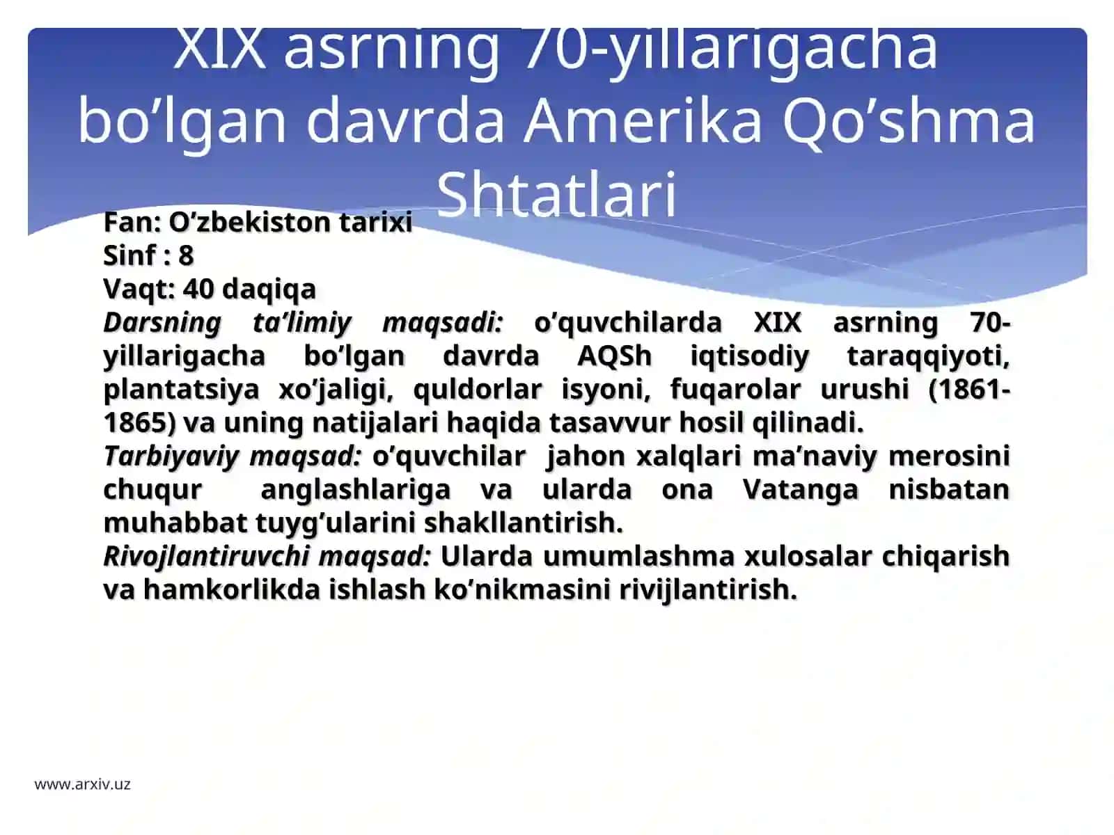 O’zbekiston tarixi Fan: Sinf 8 3