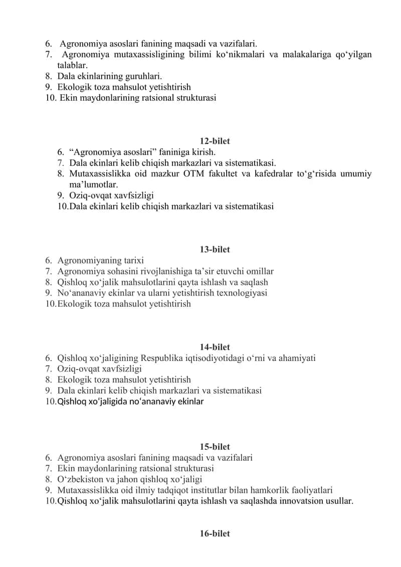 Agronomiya asoslari  fanidan tayyorlanish uchun biletlar 3