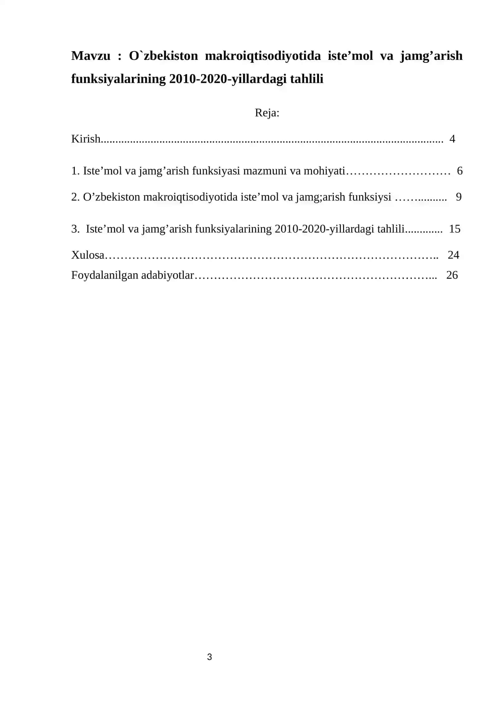 O`ZBEKISTON MAKROIQTISODIYOTIDA ISTE’MOL VA JAMG’ARISH FUNKSIYALARINING 2010-2020-YILLARDAGI TAHLILI 3
