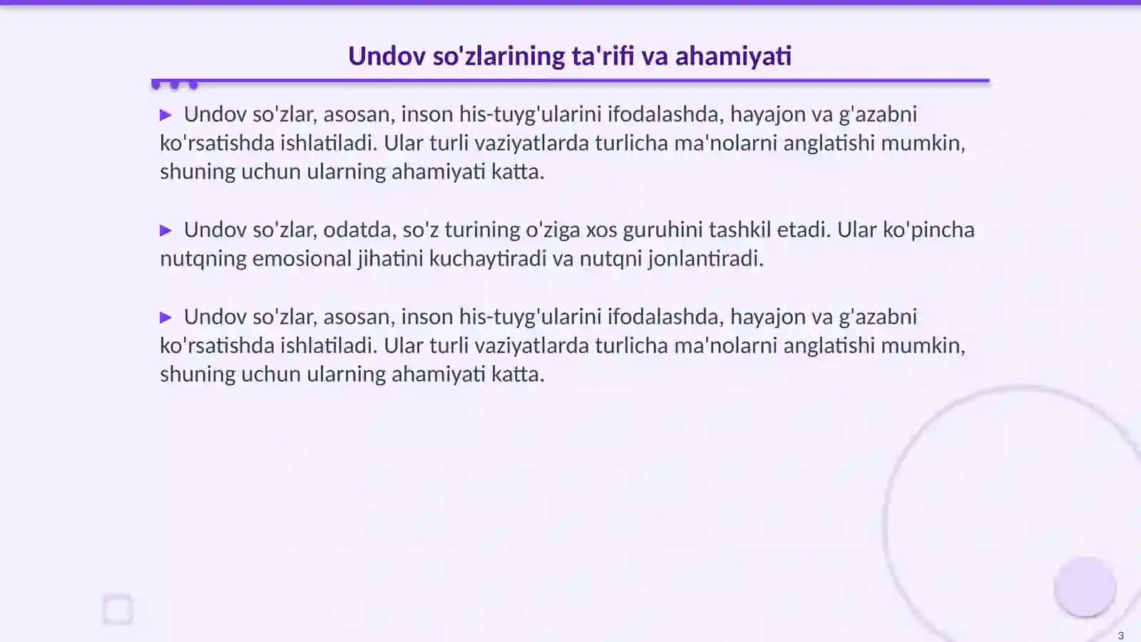 Undov so'zlar. Ularning grammatik xususiyatlari. Undovlarning otlashishi, sintaktik vazifasi. Undovlarning turlari: his-hayajon va buyruq-xitob undovlari 3