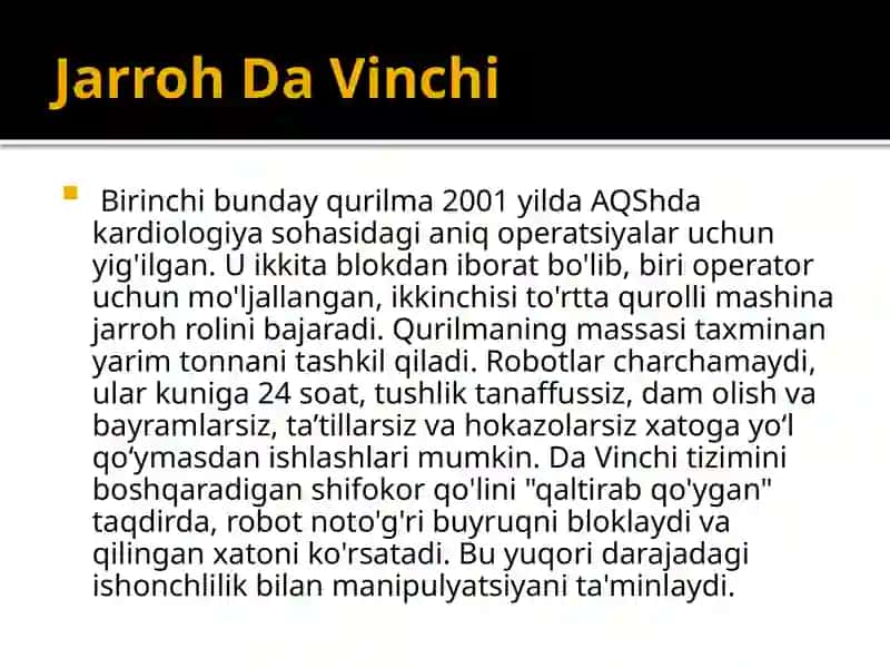 ROBOTLASHTIRILGAN XIRURGIYA VA OPERATSIYALARBAJARDI: MALIKOV DAVLATBEK 3