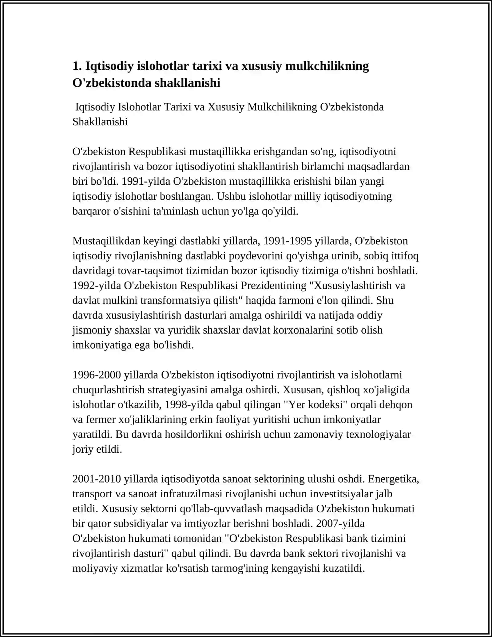 Iqtisodiy Islohotlar Tarixi va Xususiy Mulkchilikning O'zbekistonda Shakllanishi 3