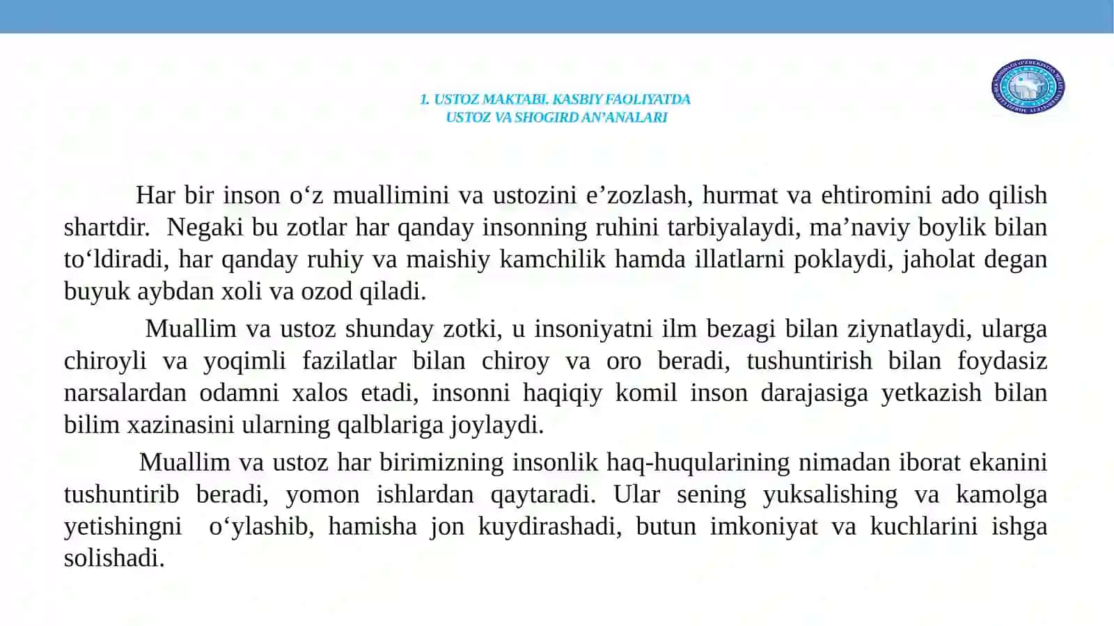 USTOZ MAKTABI.KASB BAYRAMI.MONOLOGIK MATN.MONOLOGIK MATNDA MAZMUN IZCHILLIGI VAAA OHANG 3
