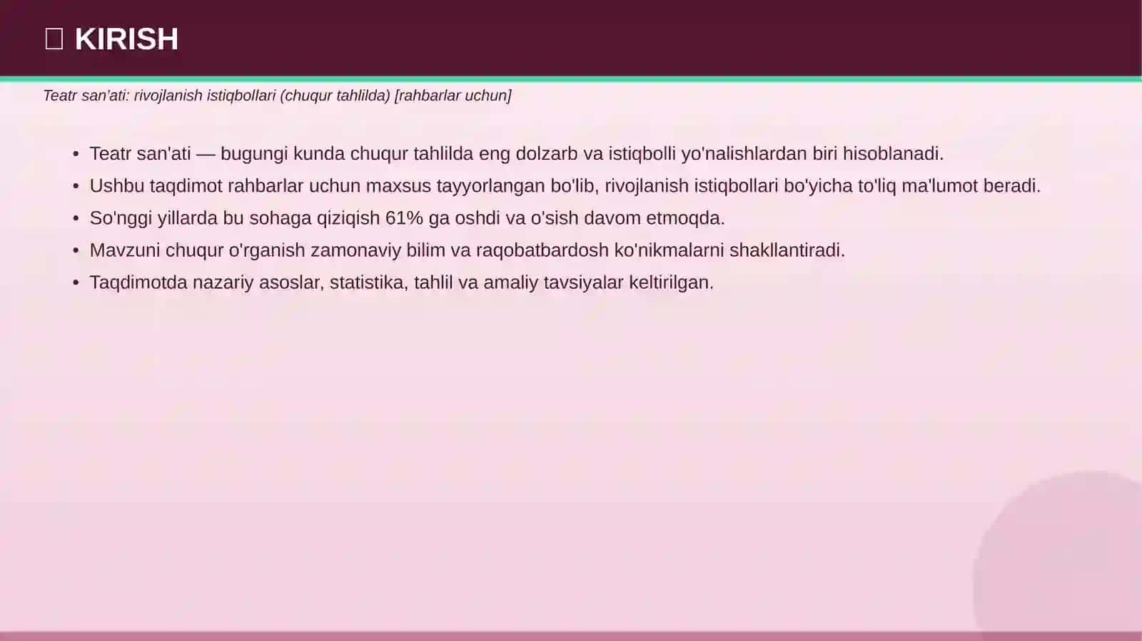 Teatr san'ati: rivojlanish istiqbollari (chuqur tahlilda) [rahbarlar uchun] 3