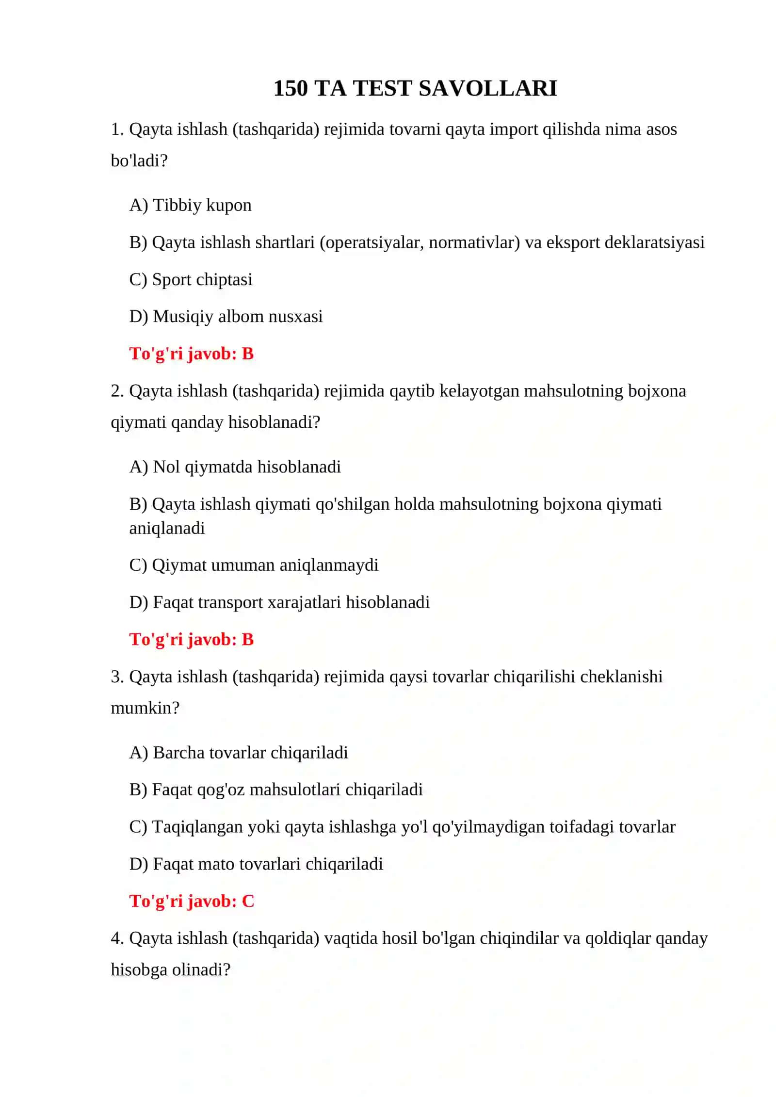 BOJXONA REJIMLARI TESTLARI 3