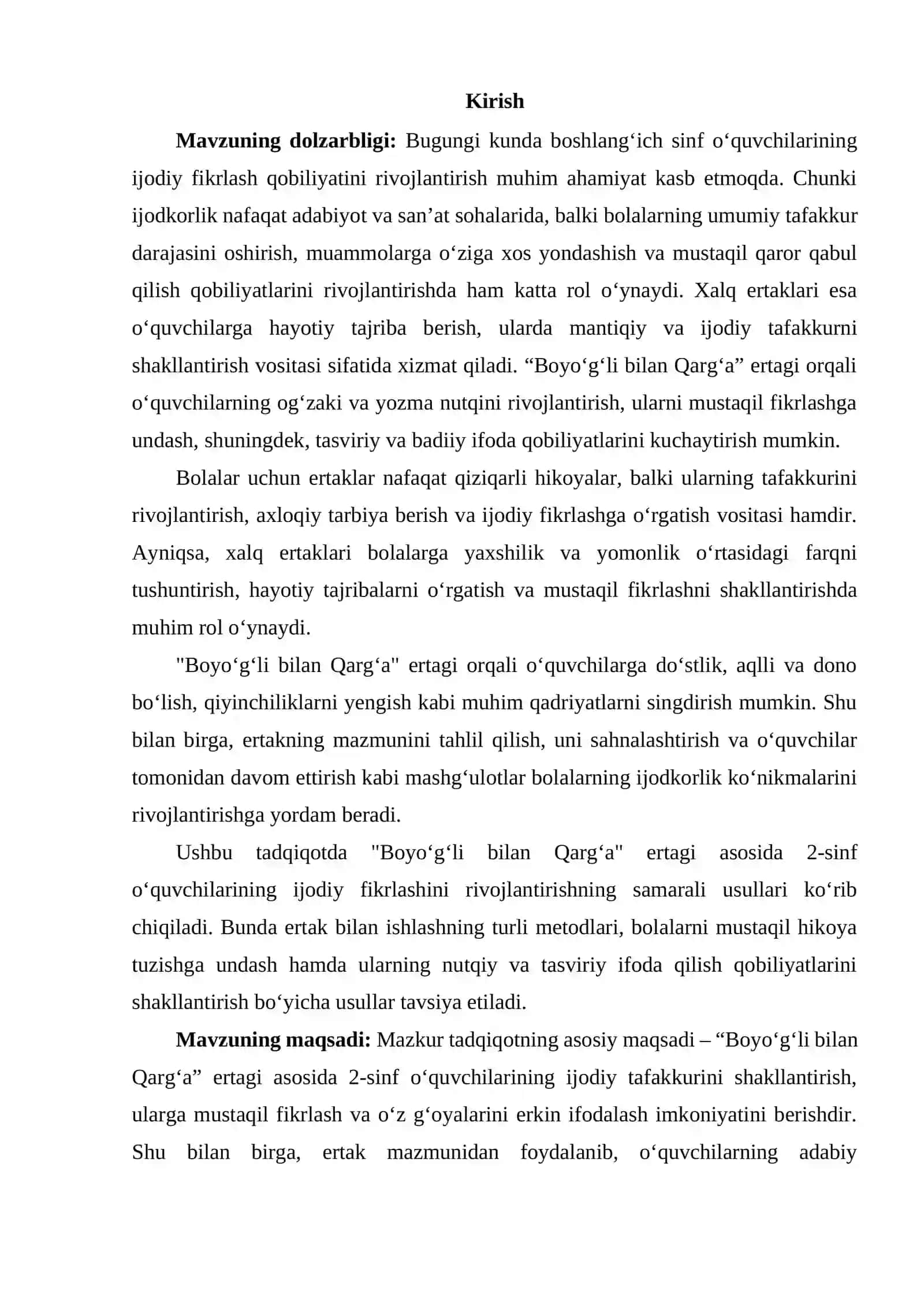[“Boyo‘g‘li bilan Qarg‘a” ertagi asosida 2-sinf o‘quvchilarining ijodiy tafakkurini rivojlantirishga qaratilgan metodik yondashuvlarni o‘rganishga bag‘ishlangan] 3