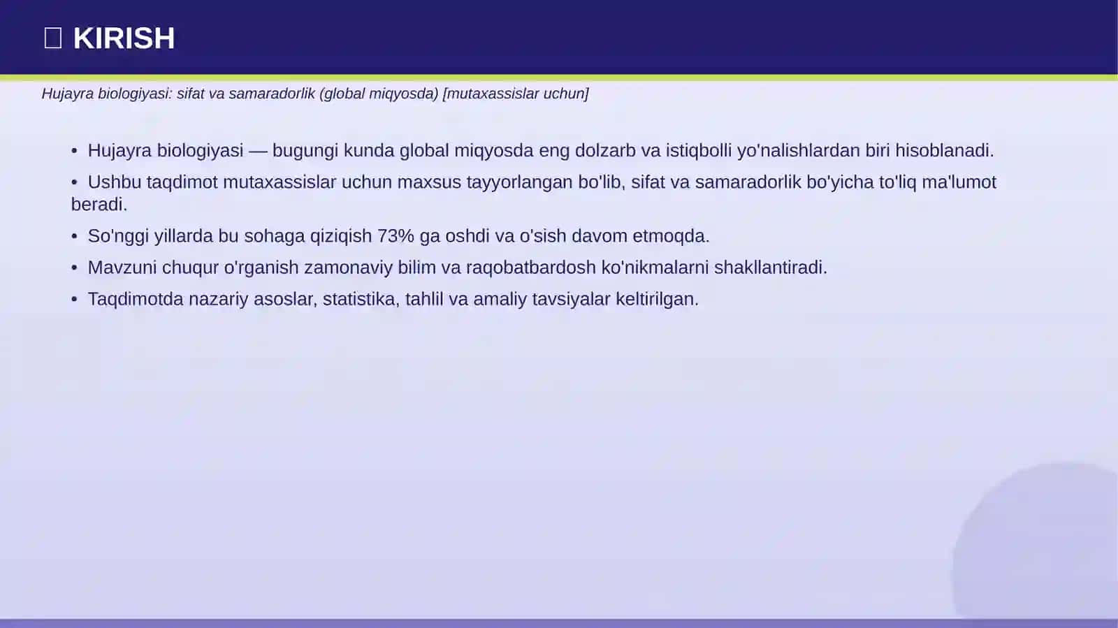 Hujayra biologiyasi: sifat va samaradorlik (global miqyosda) [mutaxassislar uchun] 3