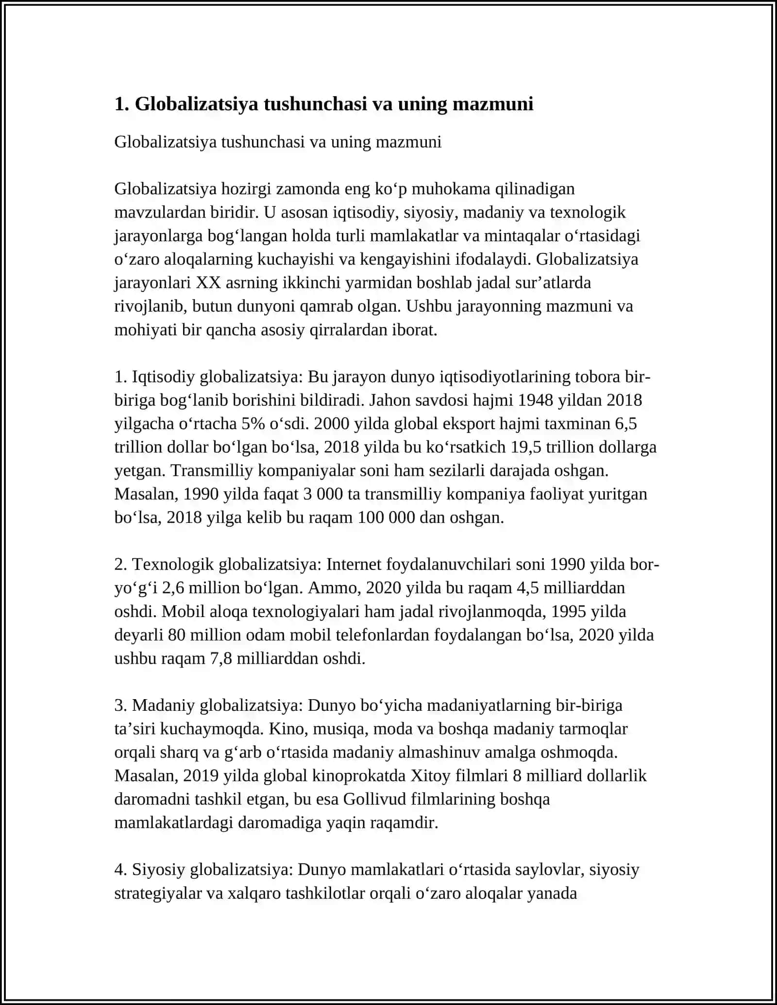 GLOBALLASHUV JARAYONINING IJTIMOIY VA FALSAFIY AHAMIYATI MAVZUSIDA REFERAT TAYYORLASH 3