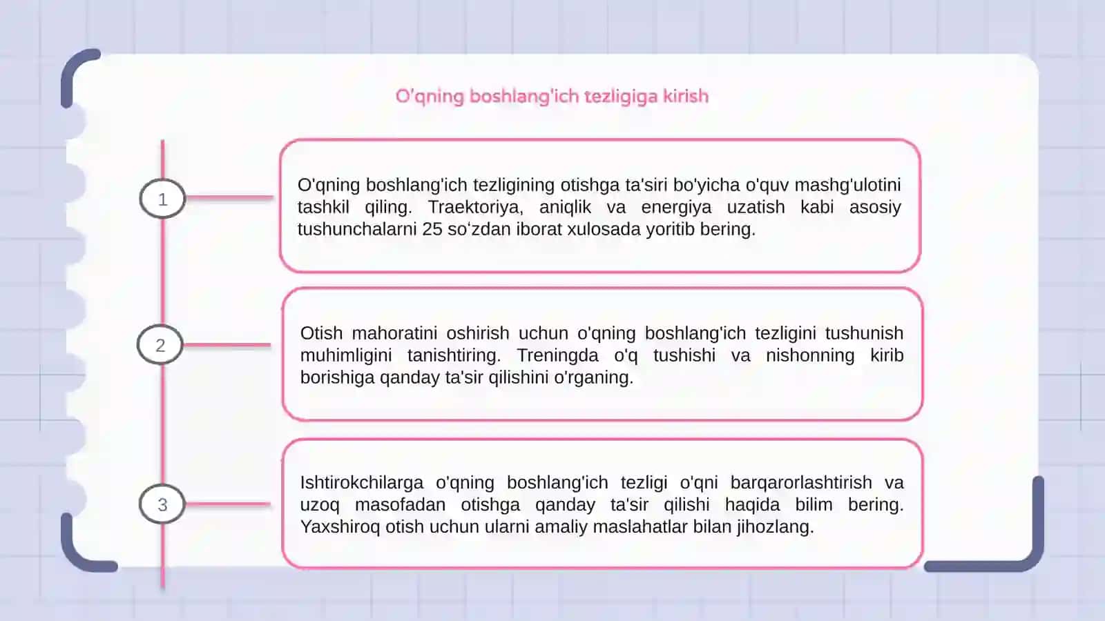 Oʻqning boshlangʻich tezligi va otishga taʼsiri boʻyicha mashgʻulotlarni tashkillash 3