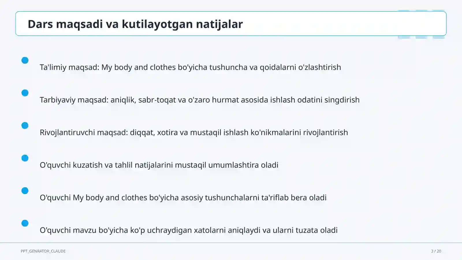 Ta'limiy maqsad: My body and clothes (3-sinf) 3