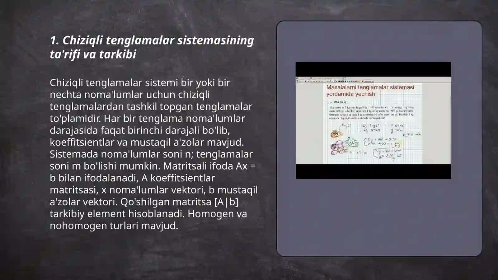 Chiziqli tenglamalar sistemasi haqidagi asosiy tushunchalar va uning yechish usullari Kramer qoidasi, Gauss usuli va teskari matritsa usuli 3