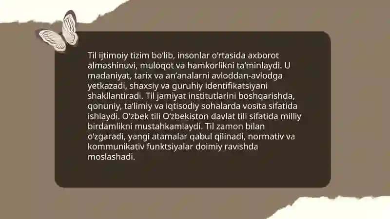 Oʻzbek tili– Oʻzbekiston Respublikasi Davlat tili 3