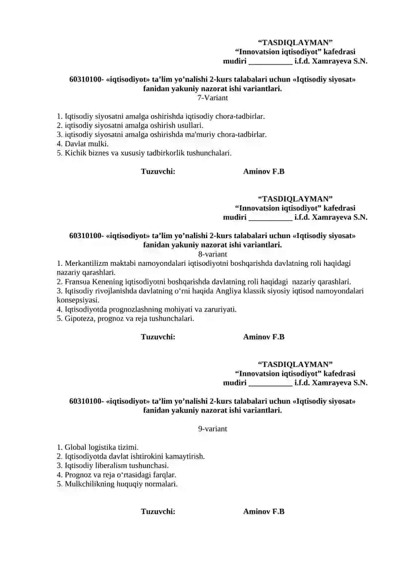 Iqtisodiy Siyosat Yakuniy Nazorat Ishlari 3