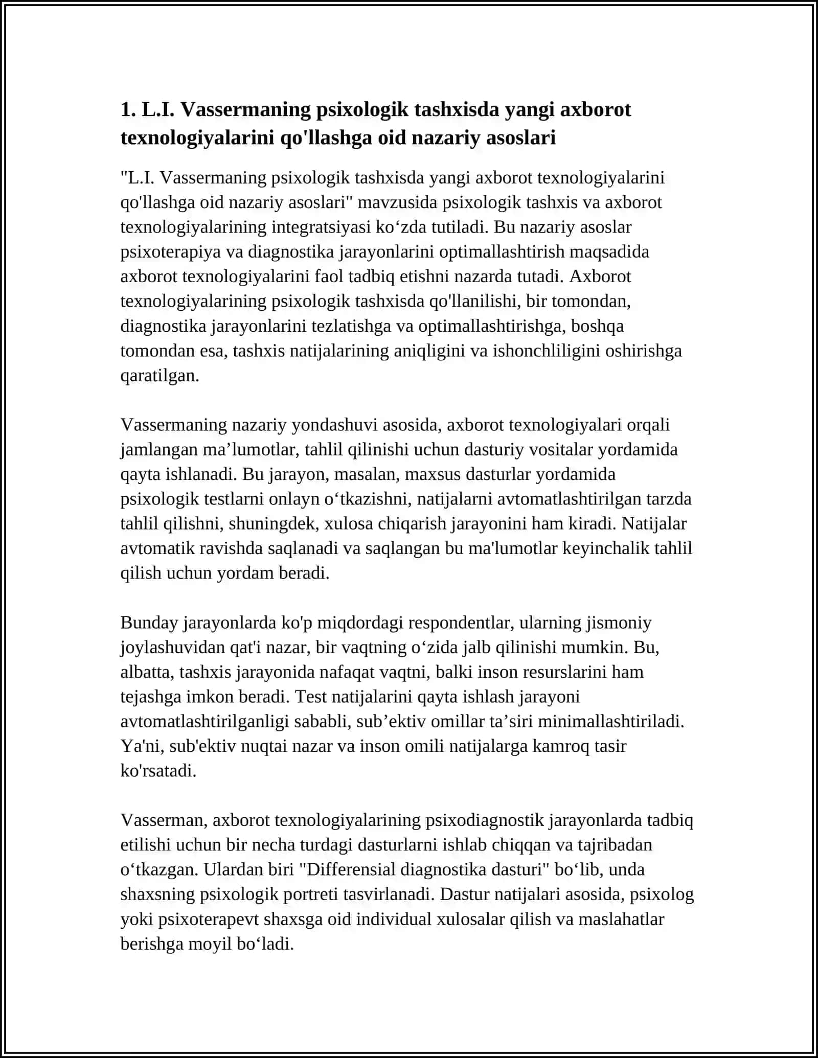 L.I.VASSERMANING PSIXOLOGIK TASHXISDA YANGI AXBOROT TEXNOLOGIYALARINI QÕLLASH BÕYICHA TASAVVURLARINI ÕRGANISH 3
