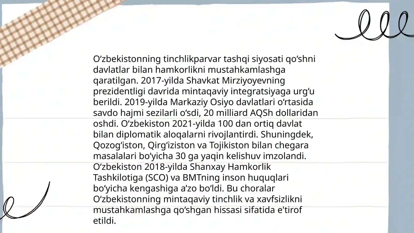 O'zbekistonning Markaziy Osiyoda tinchlik va barqarorlikni ta'minlashdagi o'rni 3