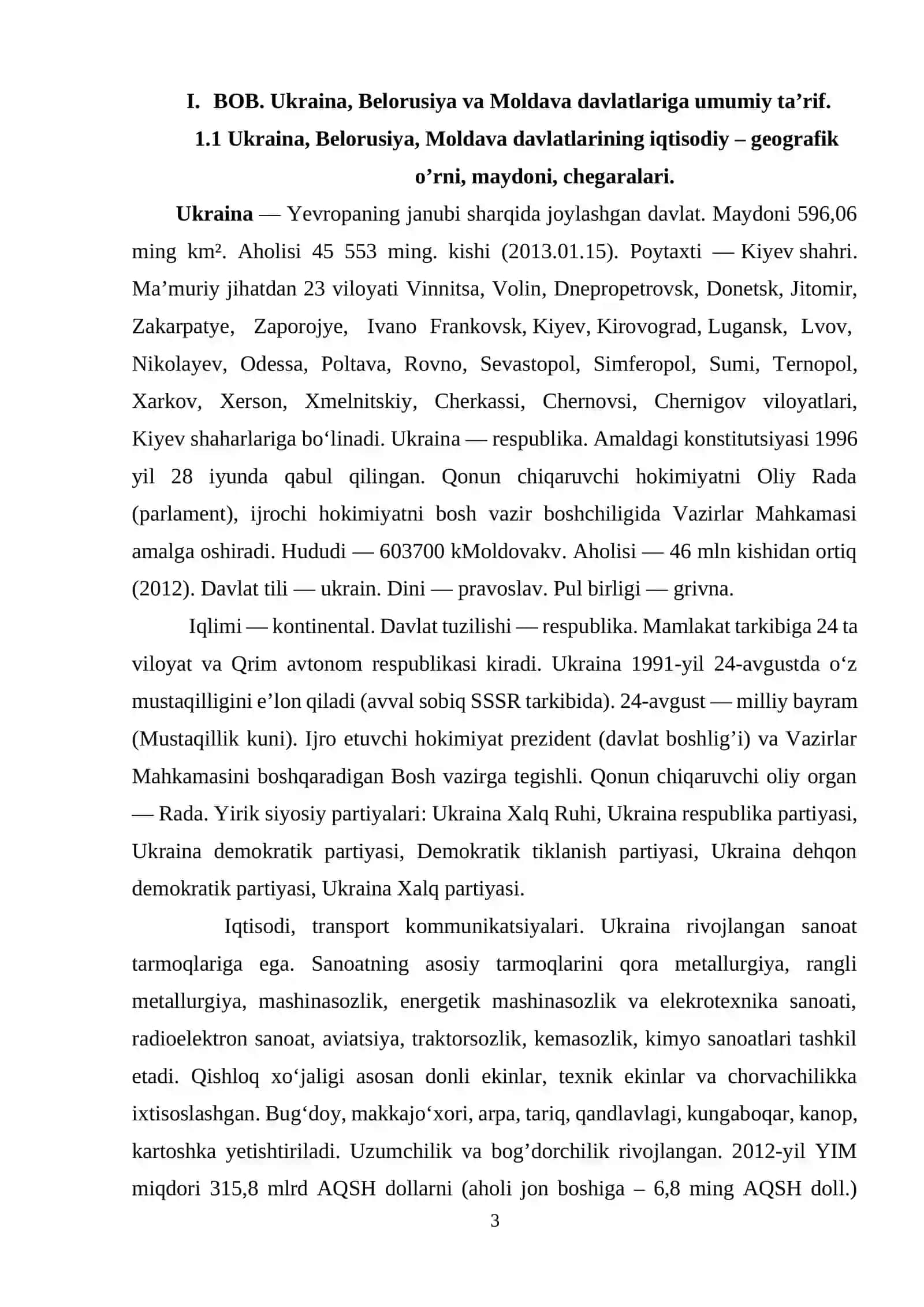 Ukraina, Belorusiya va Moldava davlatlariga qiyosiy iqtisodiy-geografik tavsifi 3
