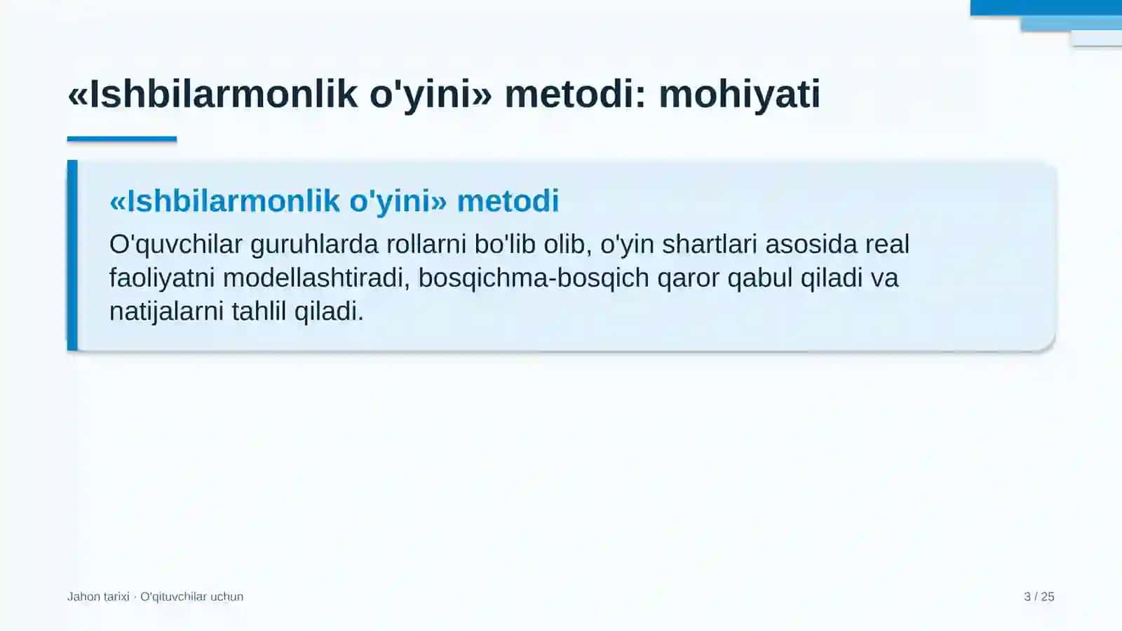 jahon tarixi darslarida ishbilarmonlik o'yini metodidan foydalanish 6279 3