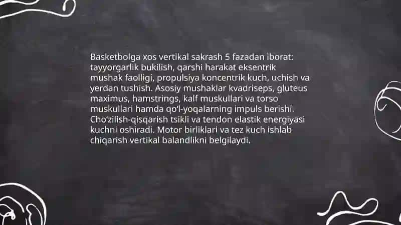 Basketbolga xos vertikal sakrash va sakrash chidamkorlikni shaklantirishni sakrab top otish hamda blokshot konikmalari asosida ozlashtirish 3
