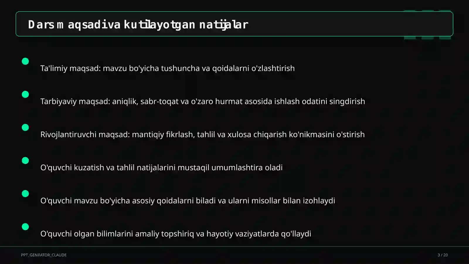 Sinf soati va tarbiyaviy tadbirlar (1–11) — ochiq dars uchun 3