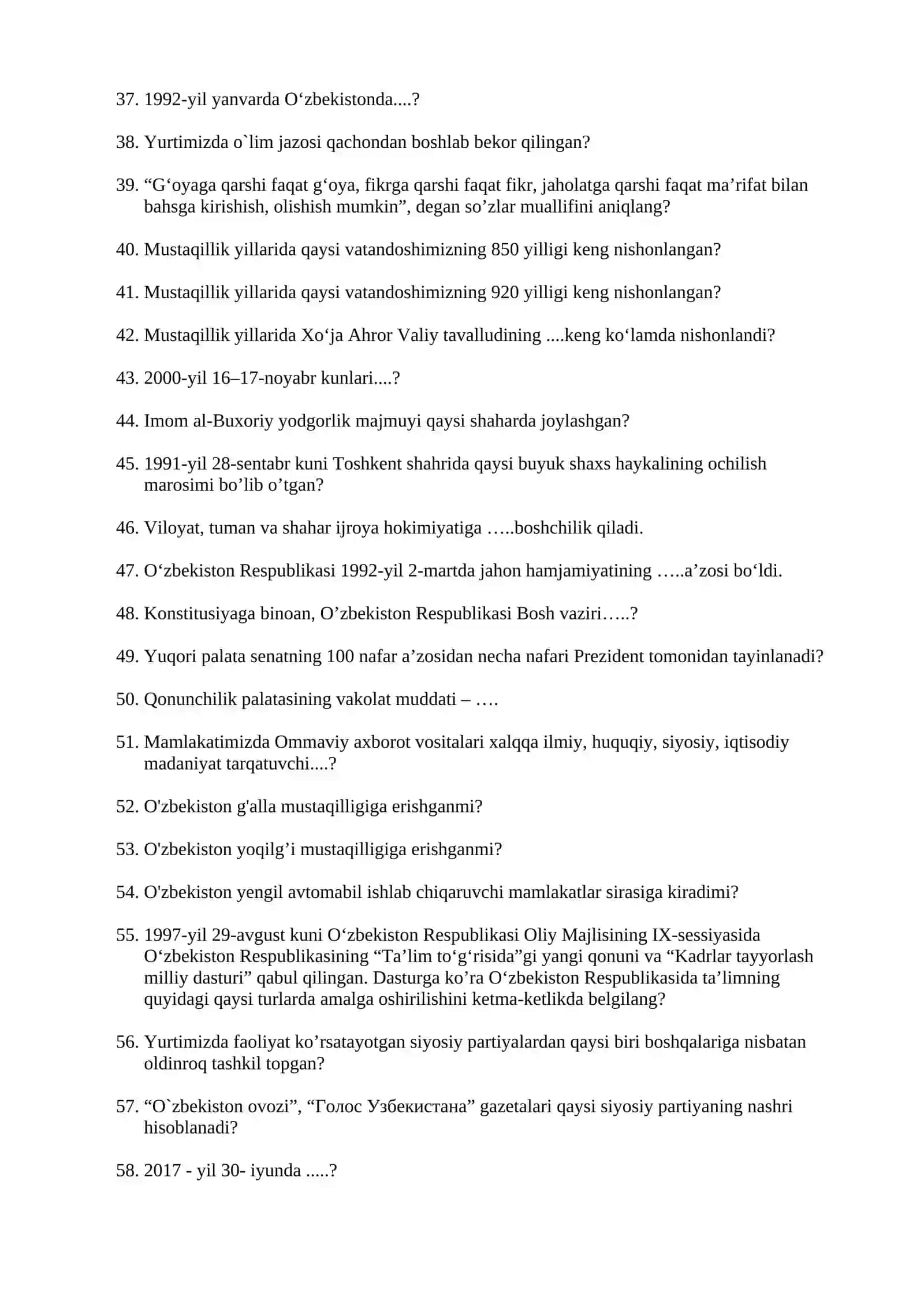 Ozbekiston eng yangi tarixi sesiya savollari. 3