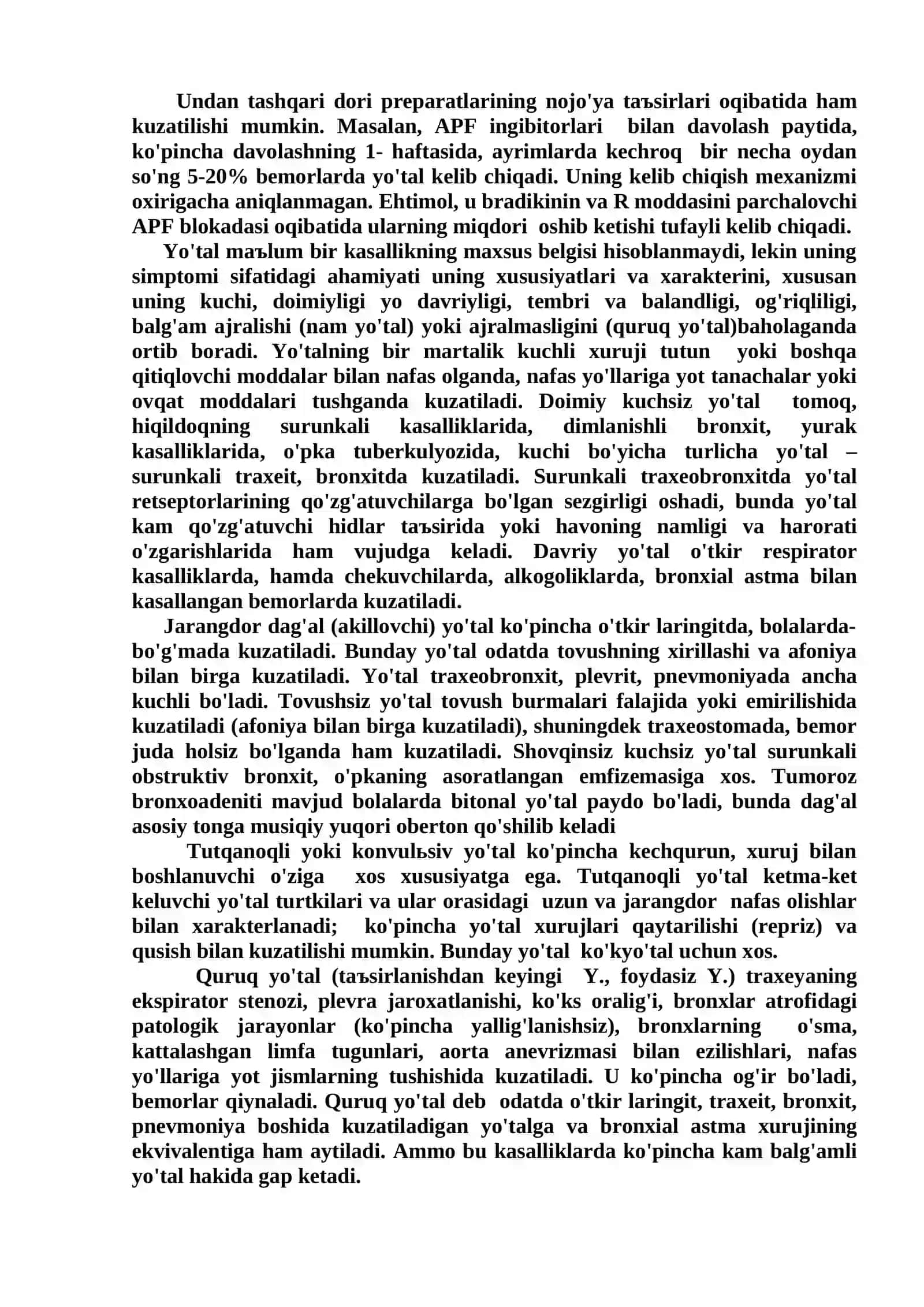 Tuberkulyozning turli shakllari va o'pka surunkali nospetsifik kasalliklarida yo'tal xarakteri 3