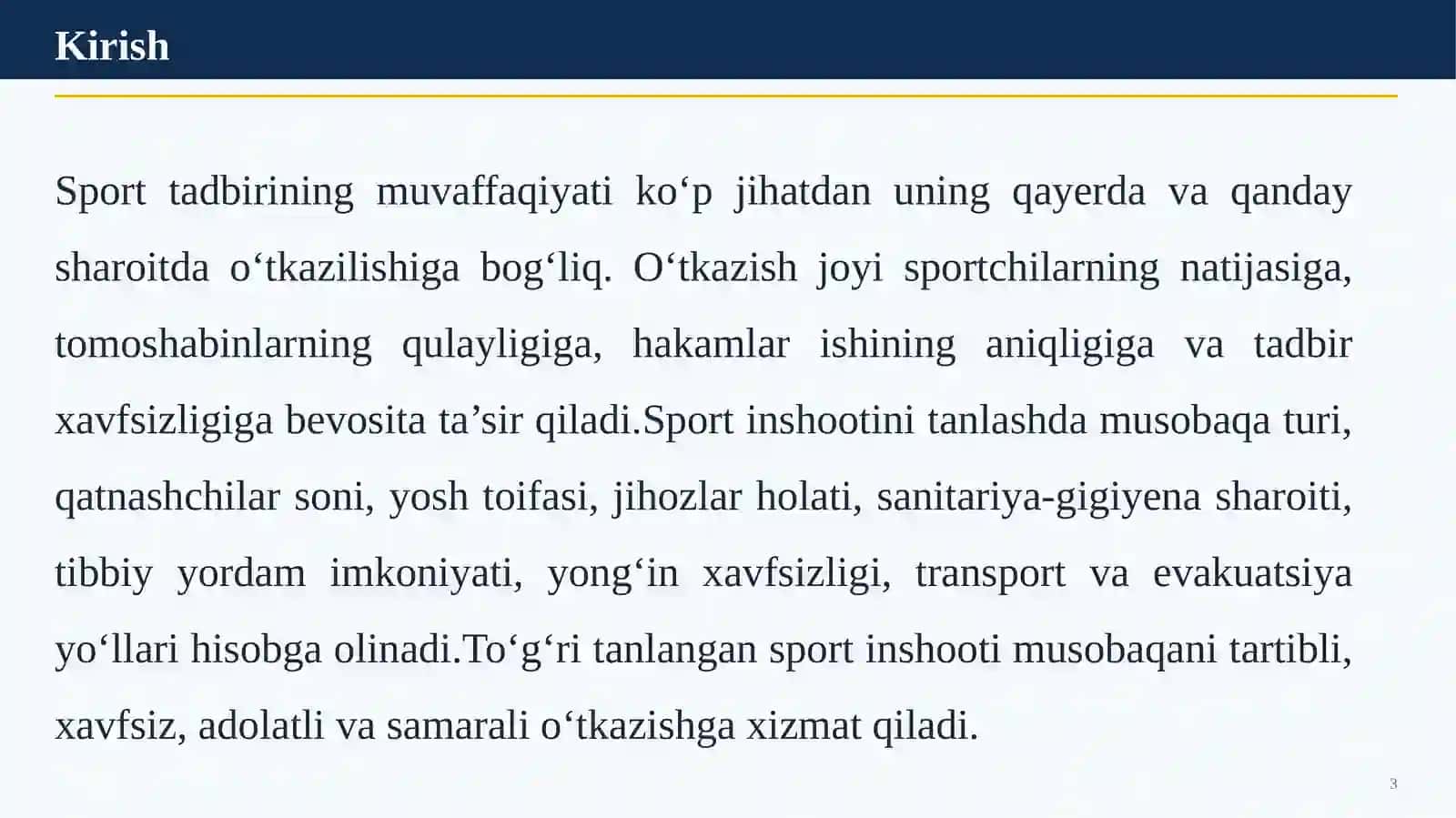 SPORT TADBIRLARINI O‘TKAZISH JOYI VA SPORT INSHOOTLARINI TANLASH 3