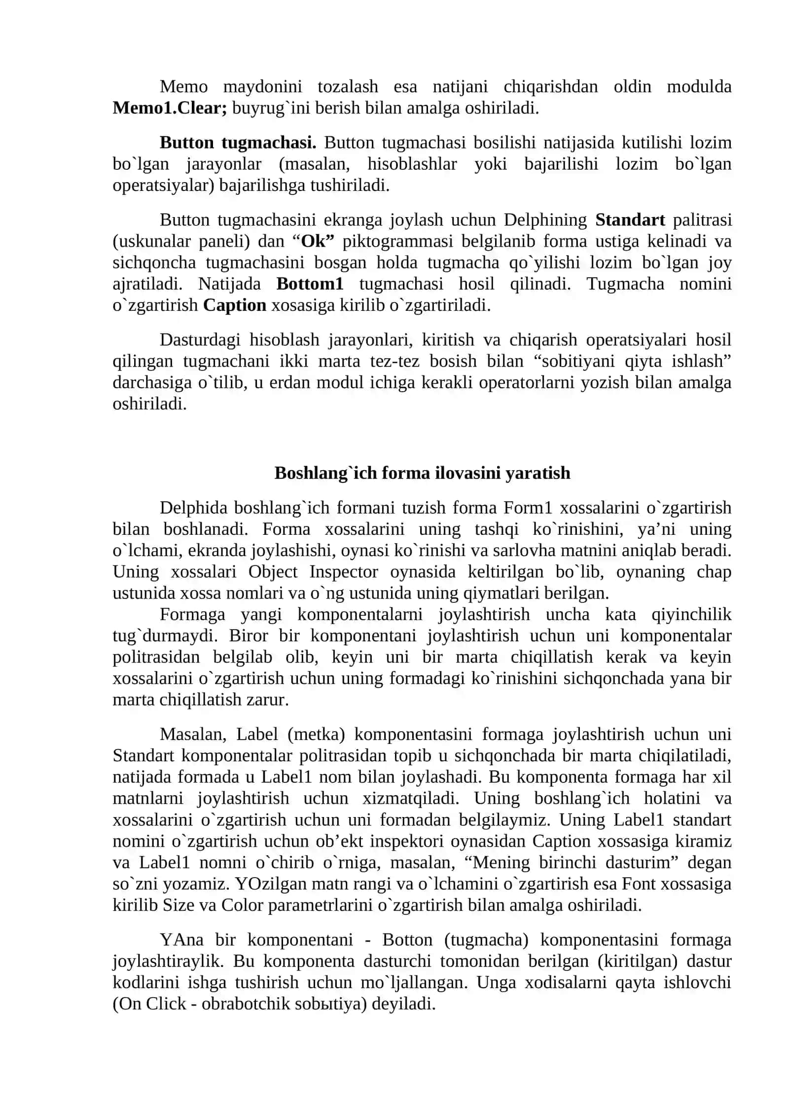 DELPHI vizual dasturlash muhiti kоmpоnеntalari bilan ishlash tехnоlоgiyalari 3