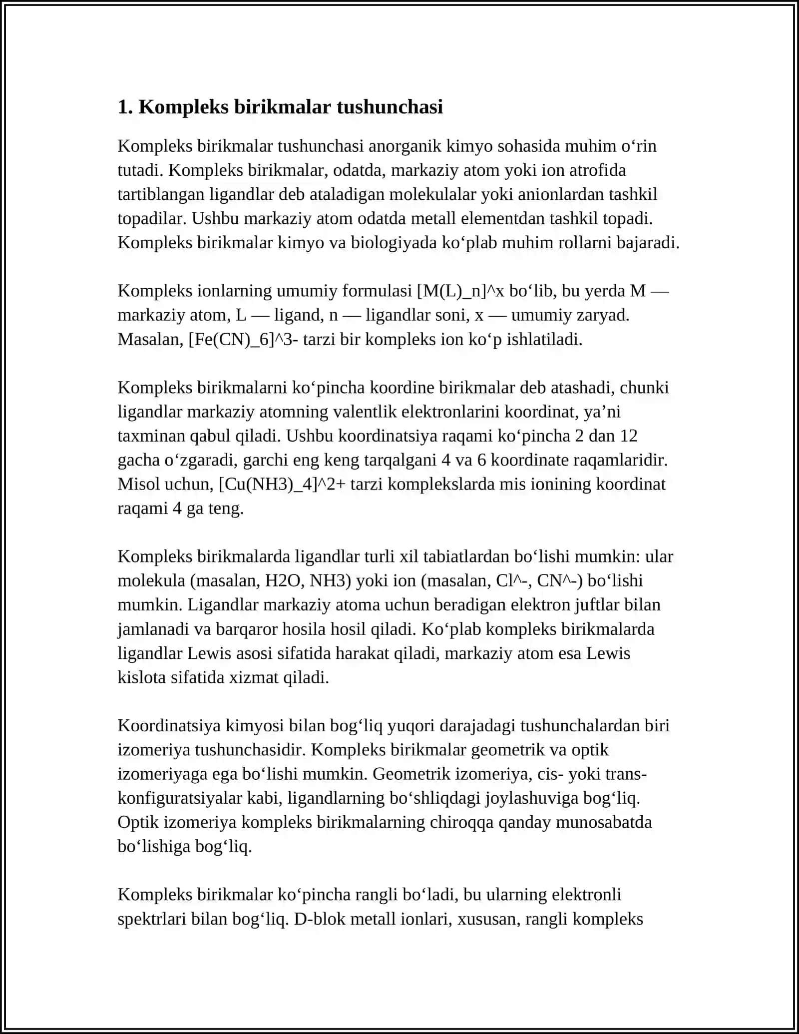 KOMPEKS BIRIKMALARNING.KOMPLEKS BIRIKMALARING TASNIFI VA NOMLANISHI HAQIDA MA'LUMOT OLADI 3