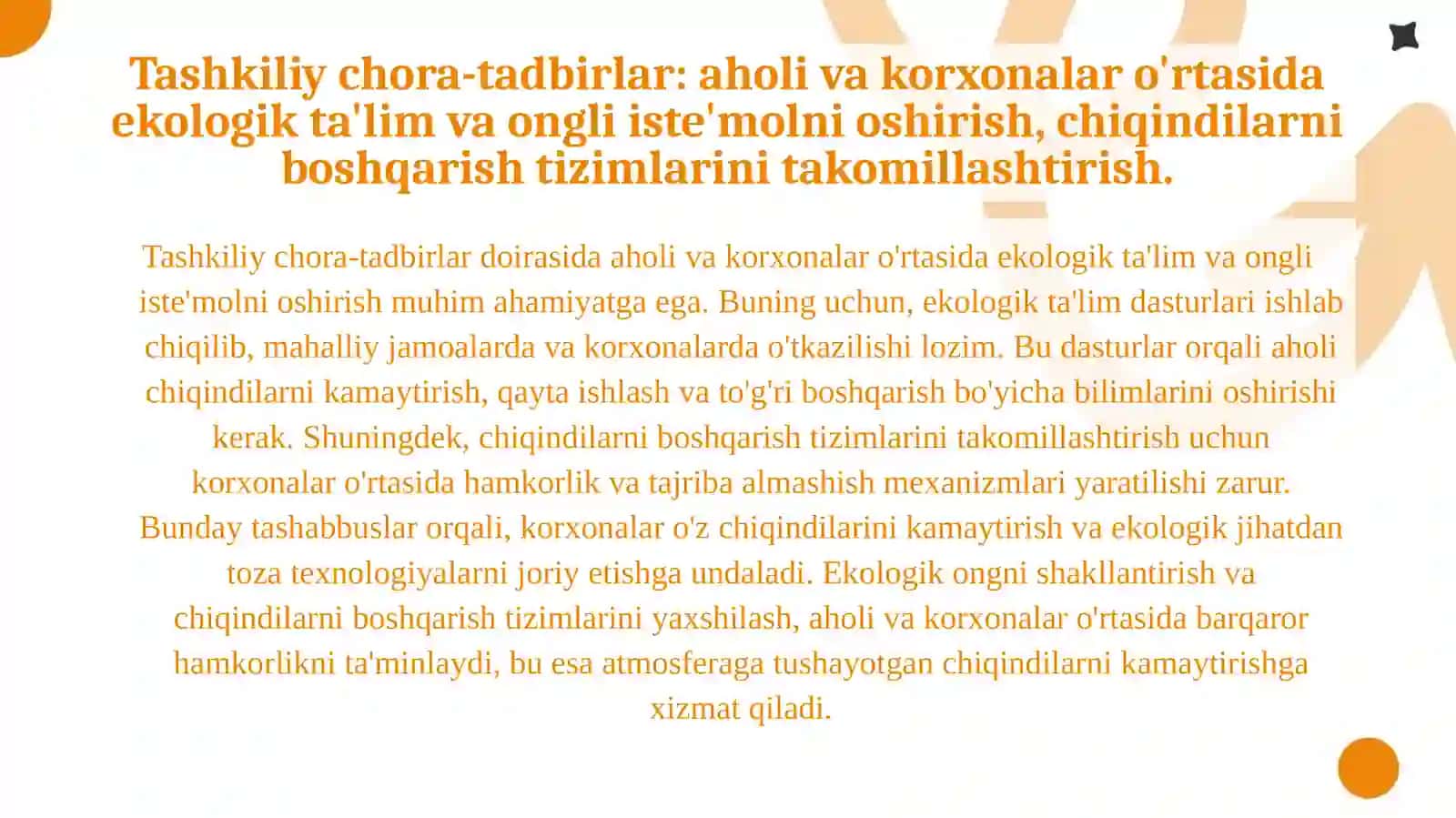 Atmosfera havosiga tushayotgan chiqindilarni kamaytirish uchun qo’llaniladigan texnik va tashkiliy chora tadbirlar. 3
