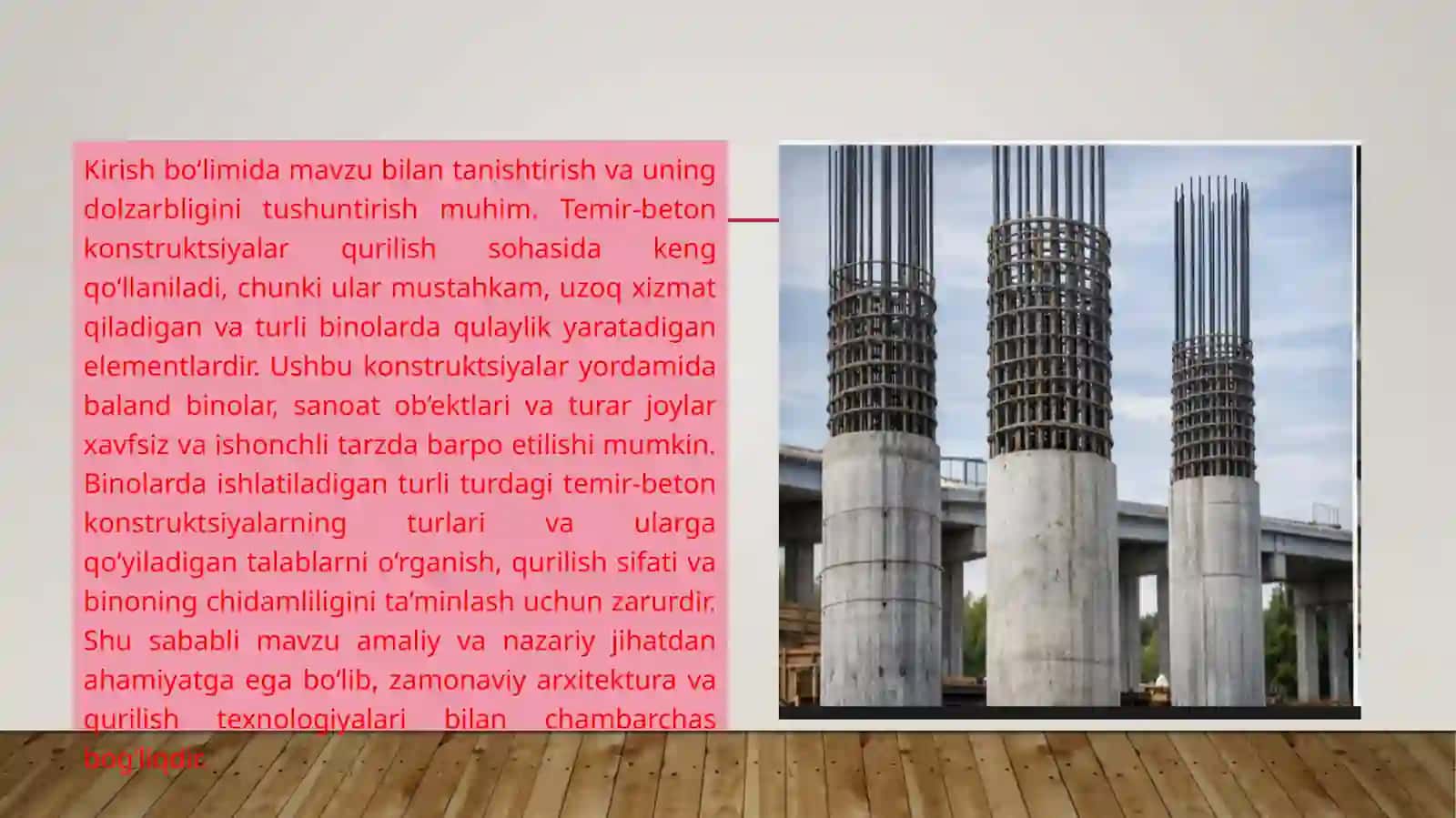 Binolarda ishlatiladigan temir-beton konstruksiyalarning turlari va ularga qo‘yiladigan talablar mavzusida taqdimot 3