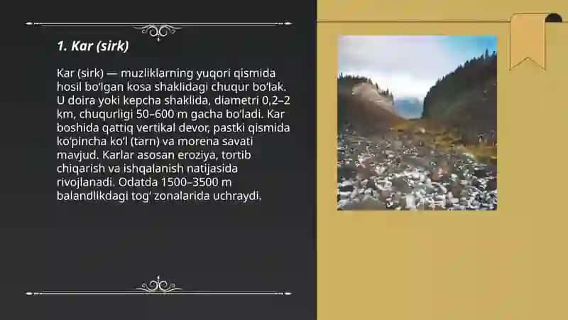 Glyatsial jarayonlar natijasida hosil bolgan relyef shakllari 3