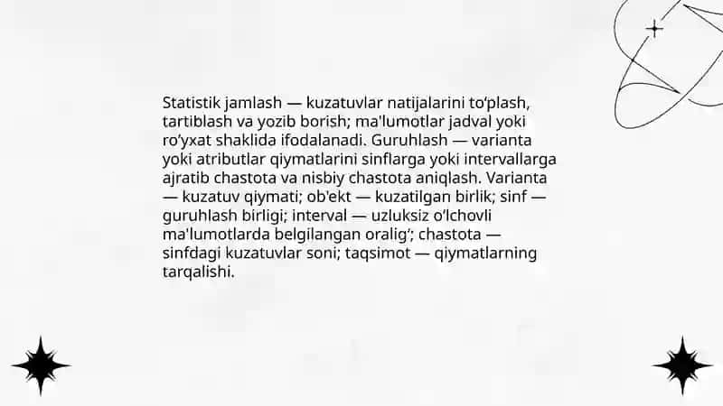 Statistik jamlash va guruxlash. Statistik jadval va guruxlash 3