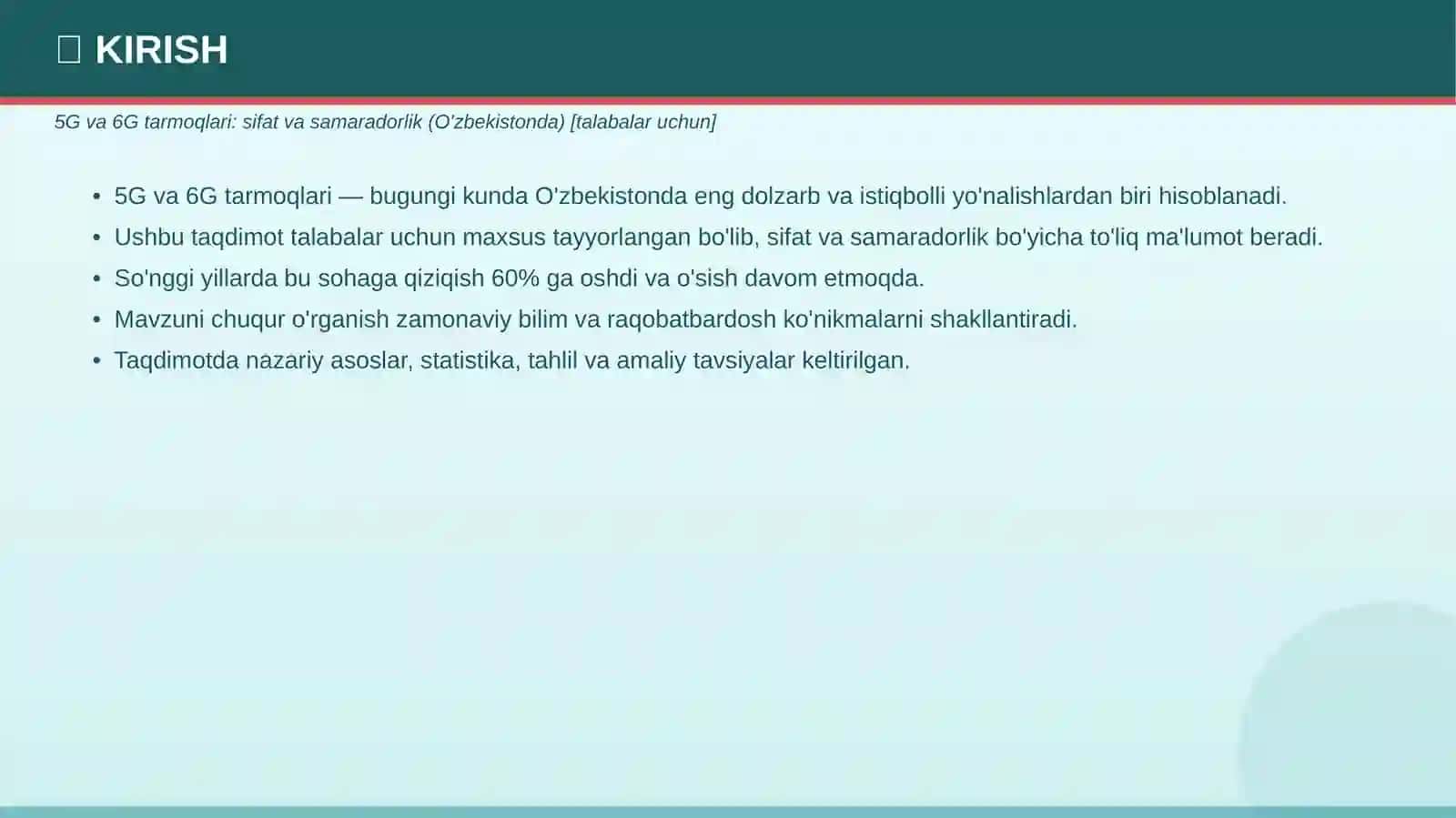 5G va 6G tarmoqlari: sifat va samaradorlik (O'zbekistonda) [talabalar uchun] 3