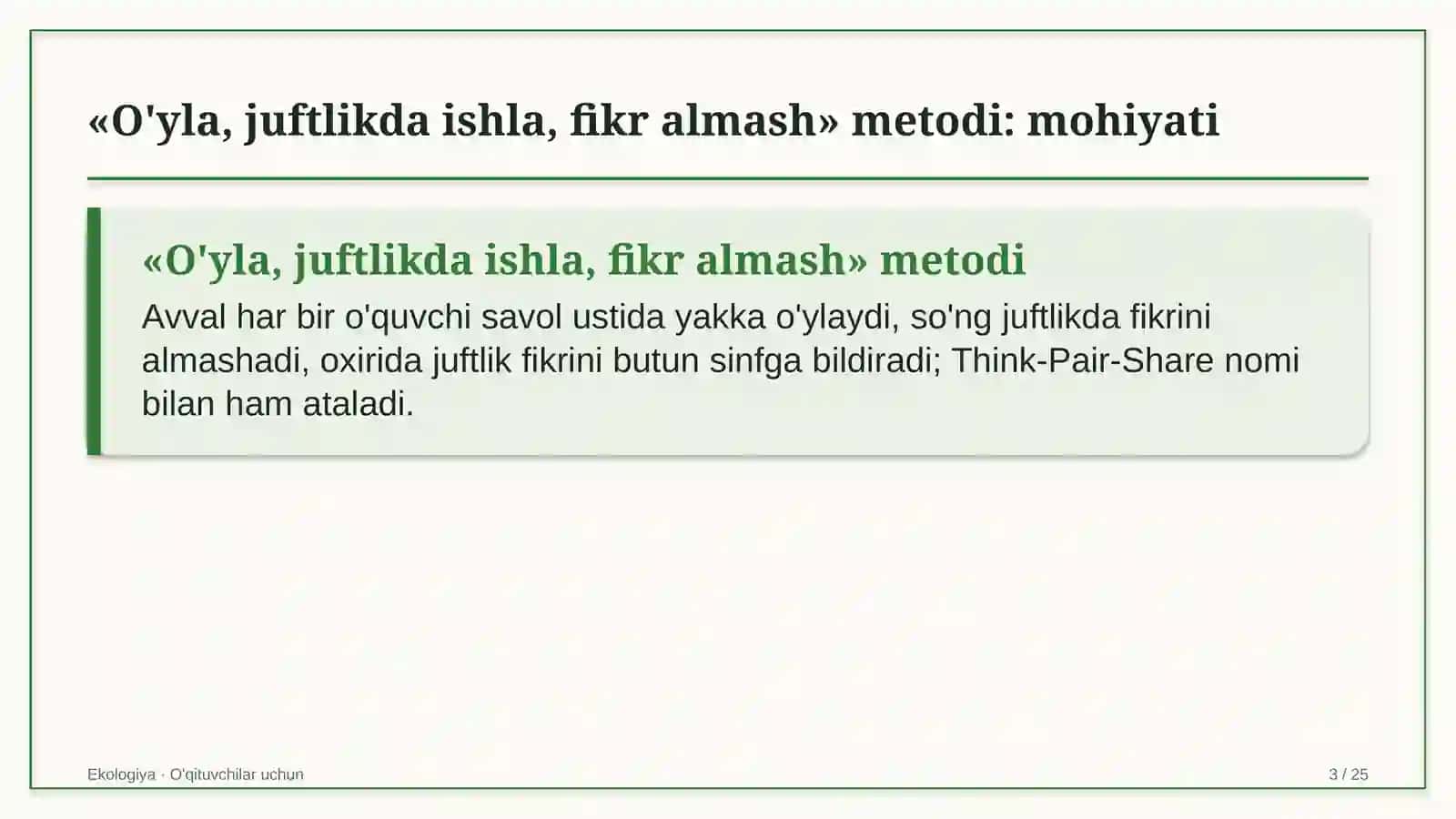 ekologiya darslarida o'yla juftlikda ishla fikr almash metodidan foydalanish 8680 3