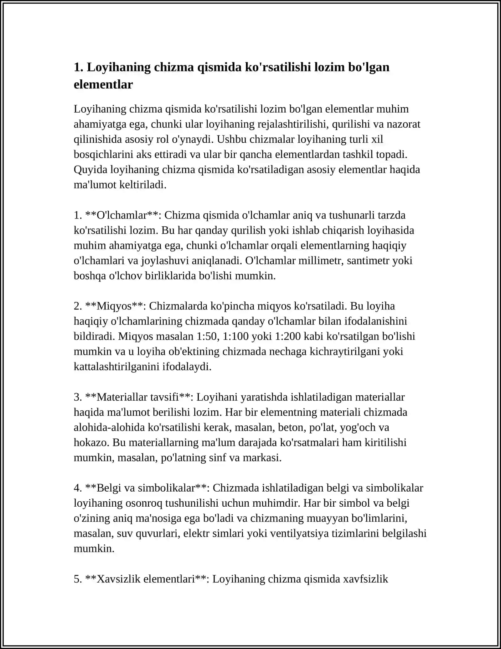 LOYIHANING CHIZMA QISMING TARKIBI VA BINOLARGA QO'YILADIGAN ASODIY TALABLAR 3