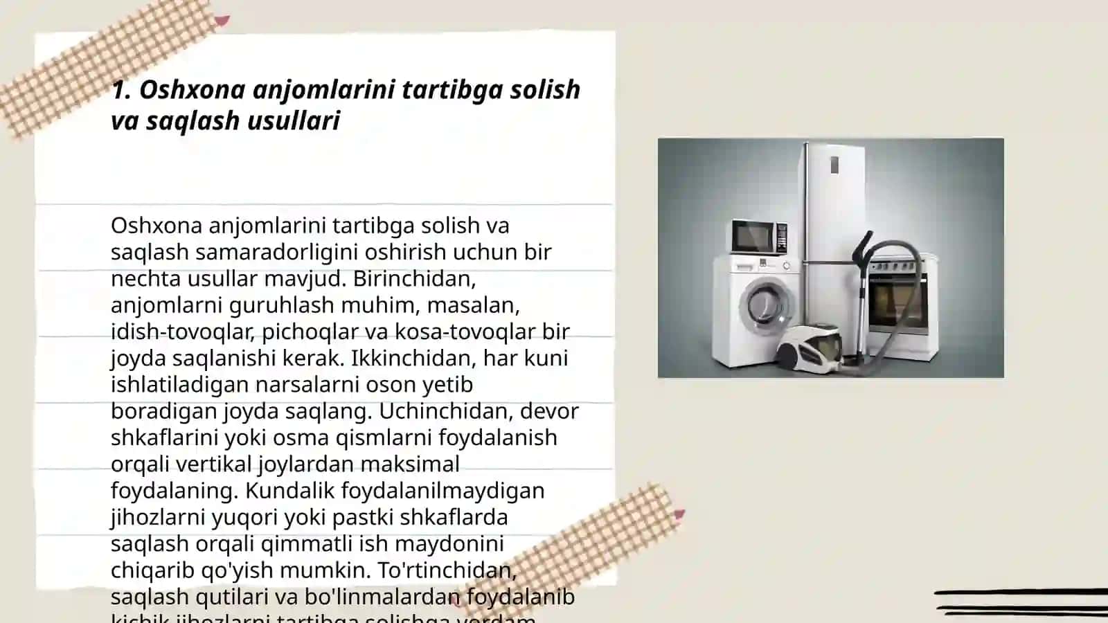 Oshxona anjomlarini tartibga solish va saqlash usullari 3