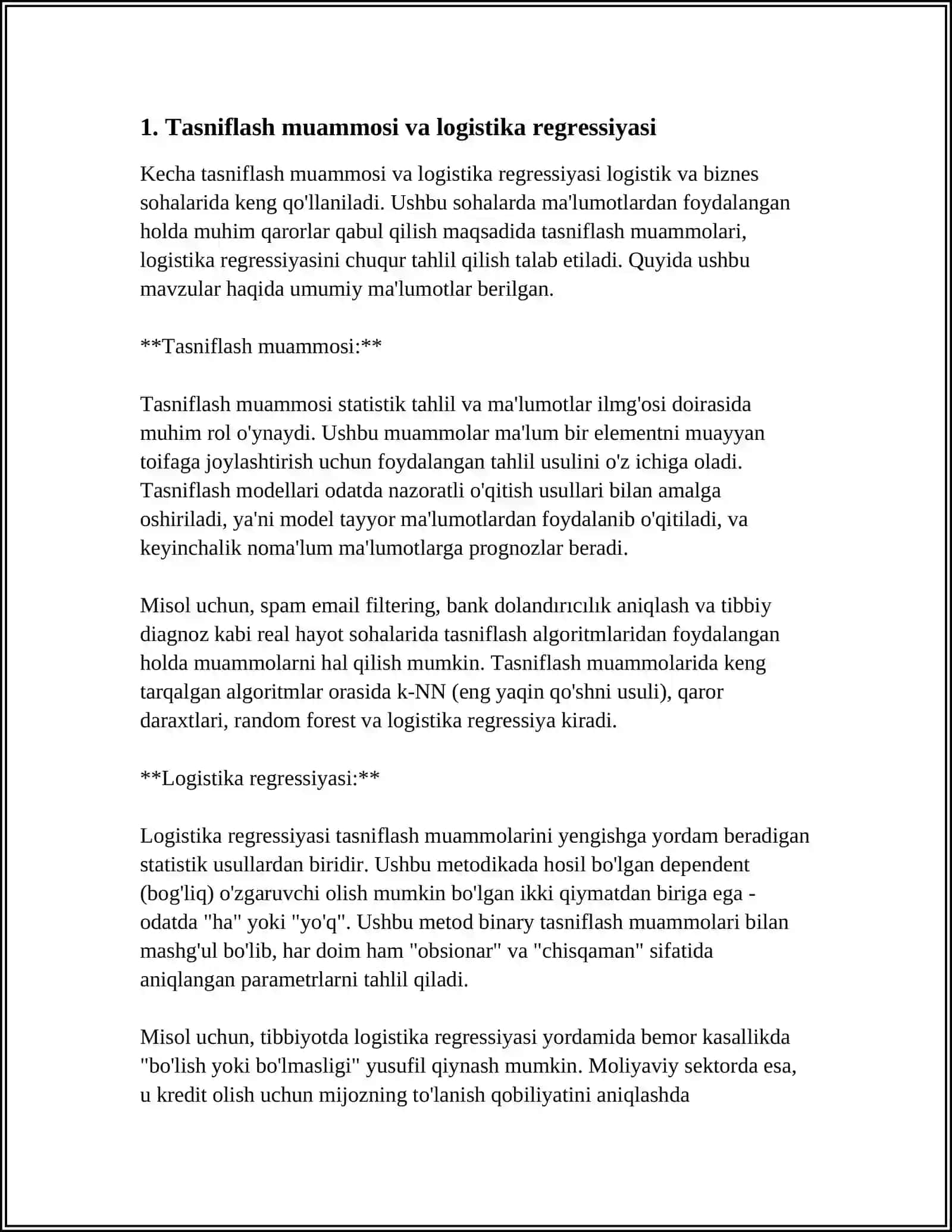 TASNIFLASH MUAMMOSI UCHUN LAGISTIK VA SOFTMAX REGRESSIYA FUNKSIYALARIDAN FOYDALANISH 3