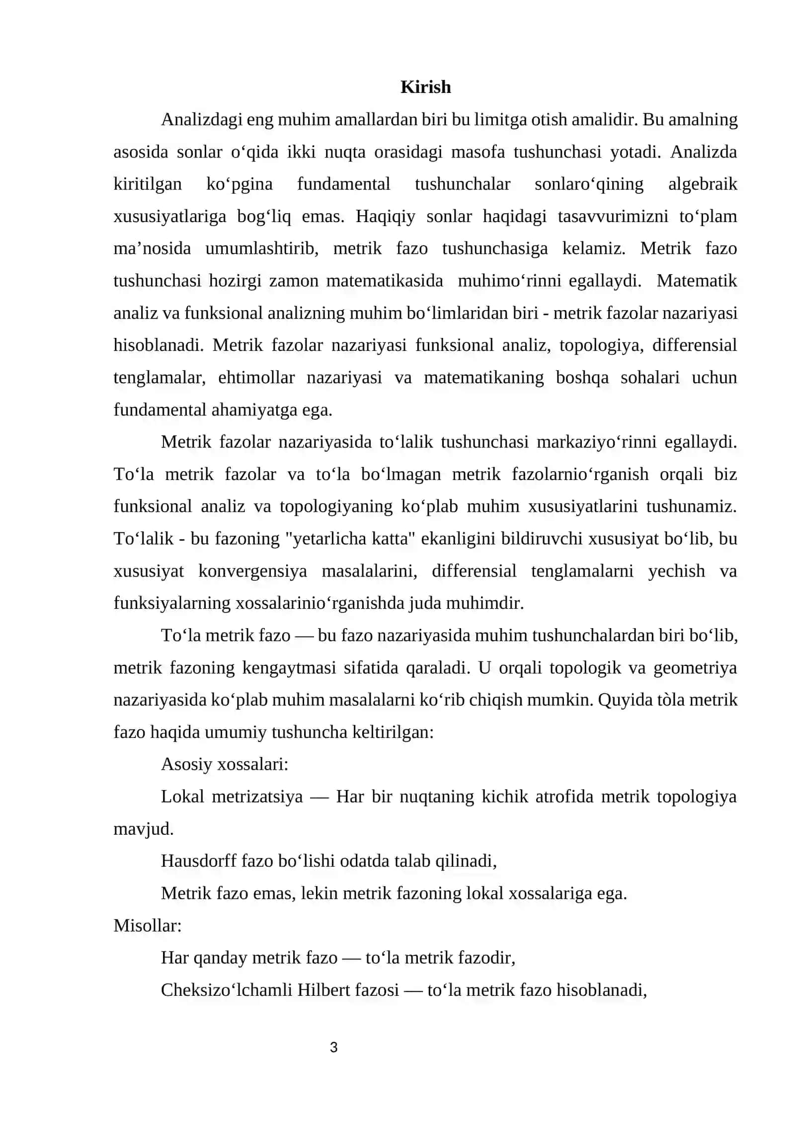 To‘la metrik fazolar. Asosiy to‘la metrik fazolar. To‘la bo‘lmagan metrik fazolar 3