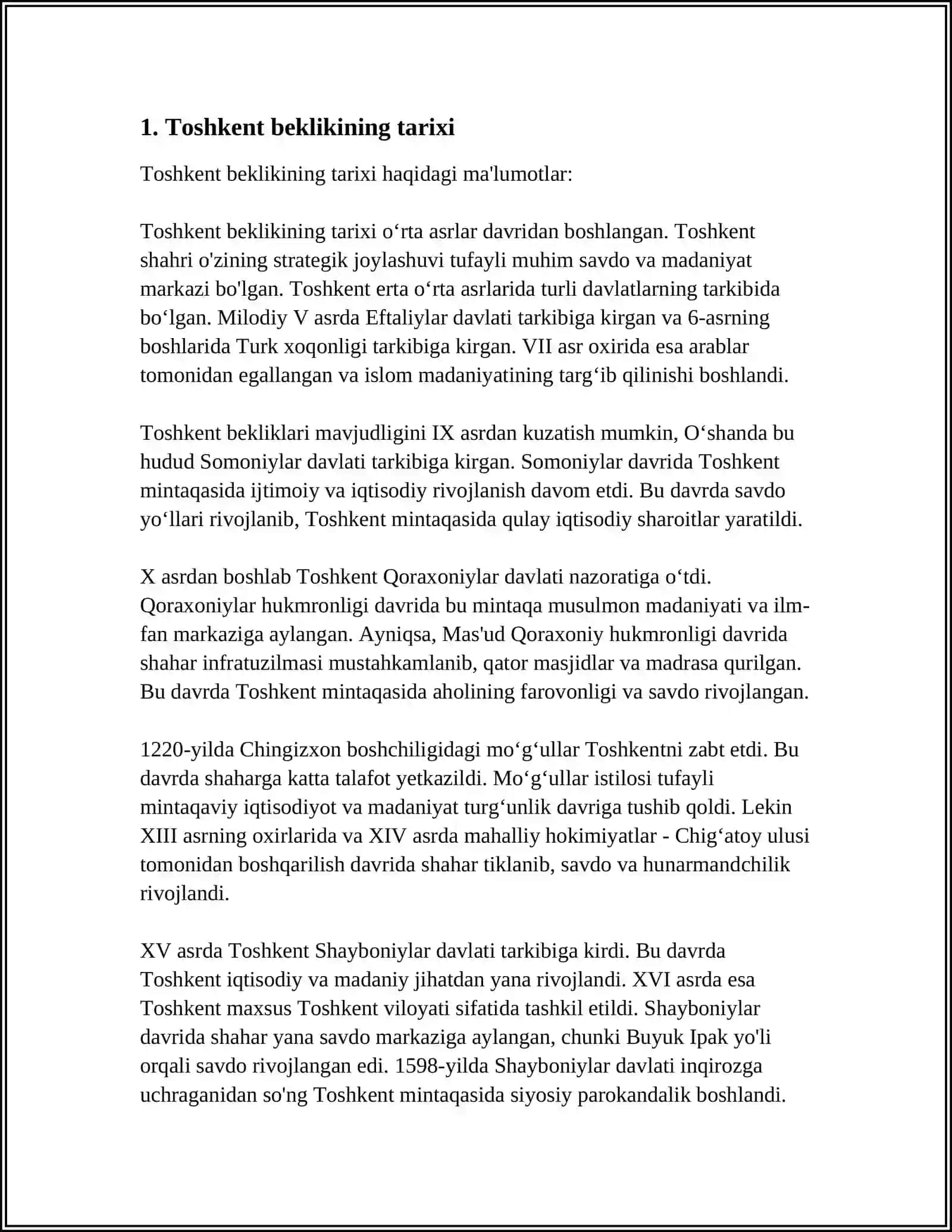 TOSHKENT BEKLIGI VA UNING QO'SHNI DAVLATLAR BILAN MUNOSABATLARI, TOSHKENT BEKLIGINING QADIMIY KO'RINISHI REFERAT 3
