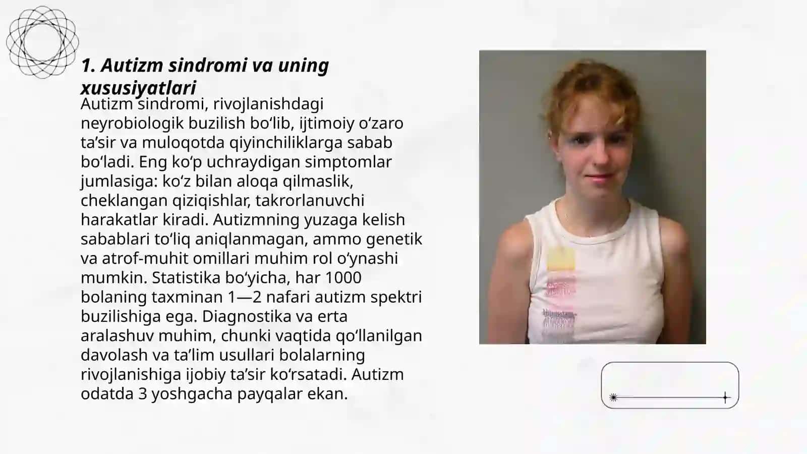 Autizm sindromiga chalingan bolalarning maktabgacha talim tashkilotida adptasiya usullari 3
