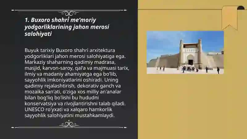 Buxoro shahlari jahon miqiyosida turizm resuslari 3