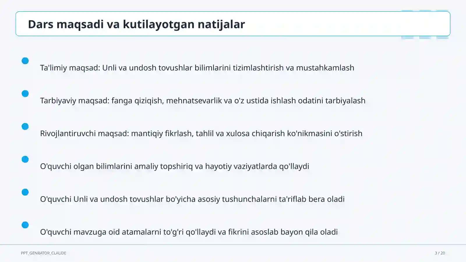 Boshlang'ich sinf: Ona tili va o'qish (1–4) — ochiq dars uchun 3