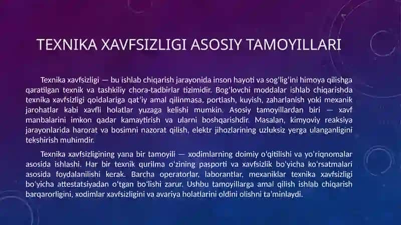 Bog‘lovchi moddalar ishlab chiqarishda ishlab chiqarish sanitariyasi, texnika xavfsizligi va ekologik xavfsizlik 3
