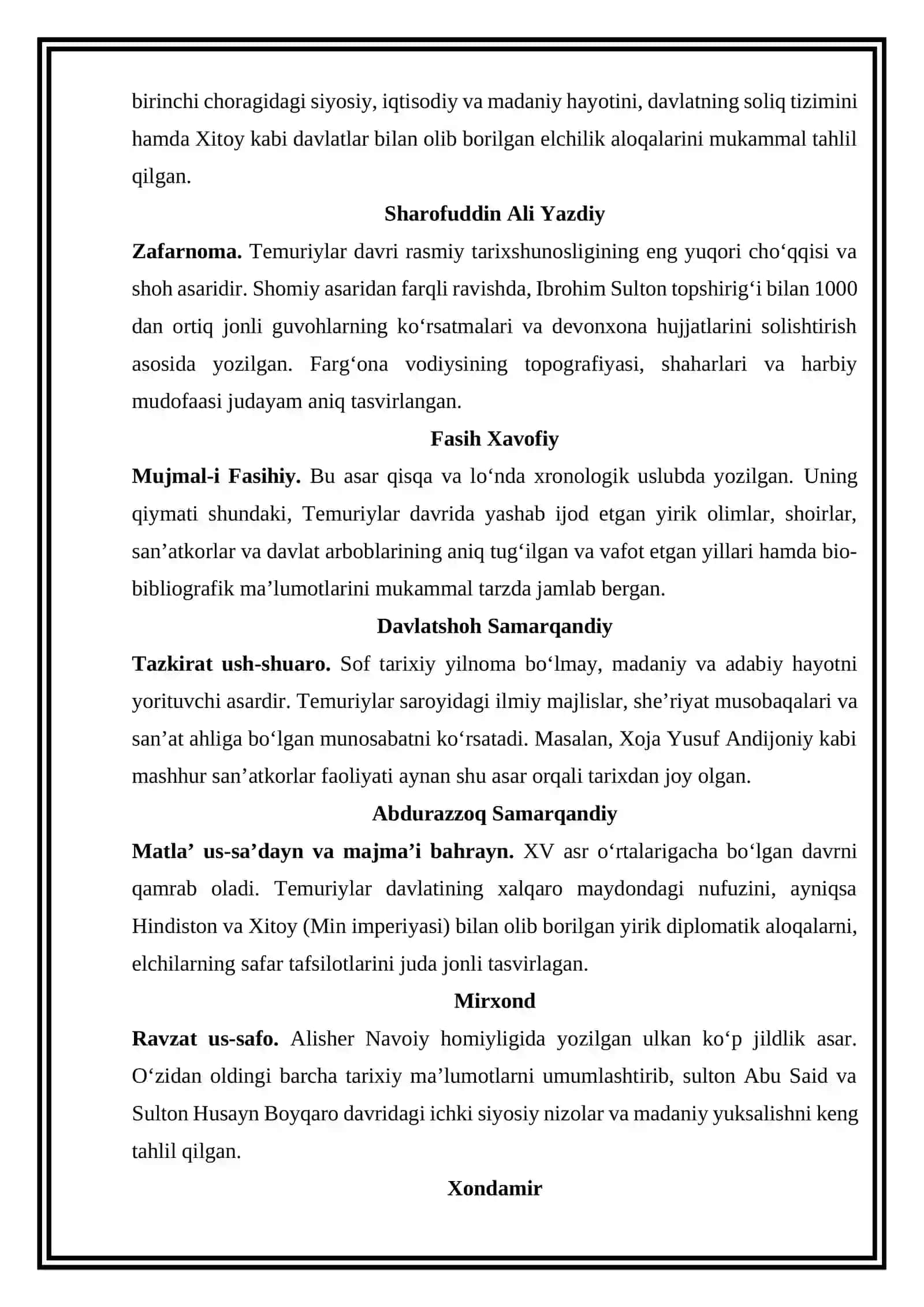 Temuriylar davri tarixshunosligi mavzusiga oid manbalar tahlili va adabiyotlar sharhini tayyorlash 3