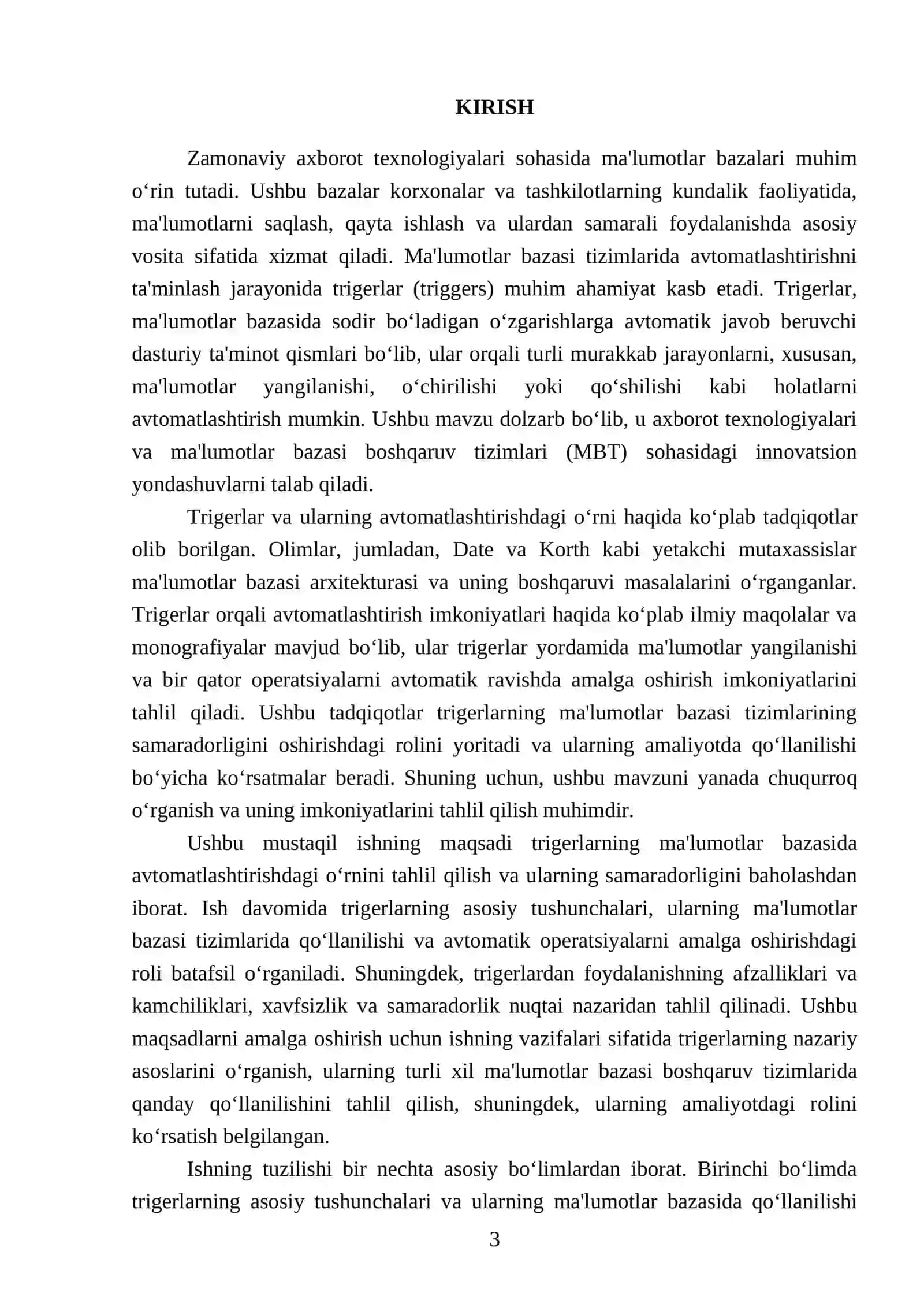 Trigerlar (triggers) va ularning ma’lumotlar bazasida avtomatlashtirishdagi o‘rni 3