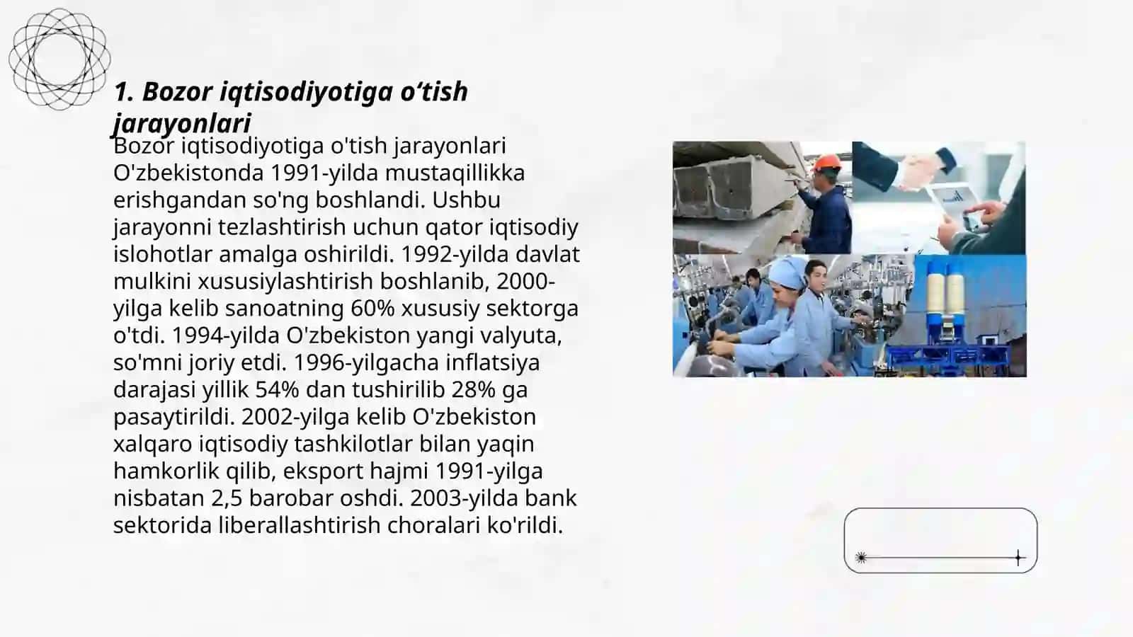 Bozor iqtisodiyotiga õtilishi kichik biznes va xususiy tadbirkorlikning rivojlantirilishi, mamlakatimizdagi iqtisodiy õsish 3