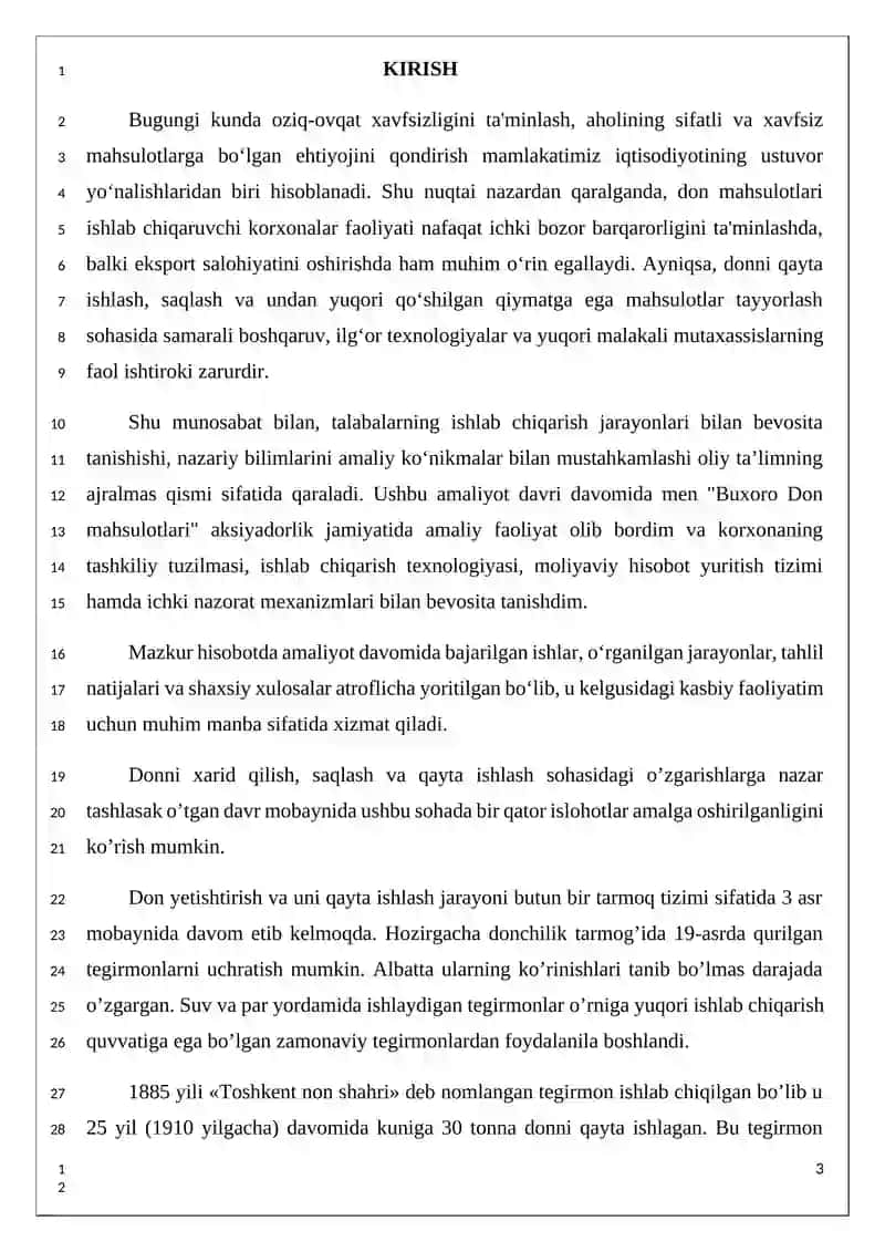 "Buxoro Don Mahsulotlari" Aksiyadorlik Jamiyatida Malakaviy Amaliyot O'tash Bo'yicha Hisoboti 3