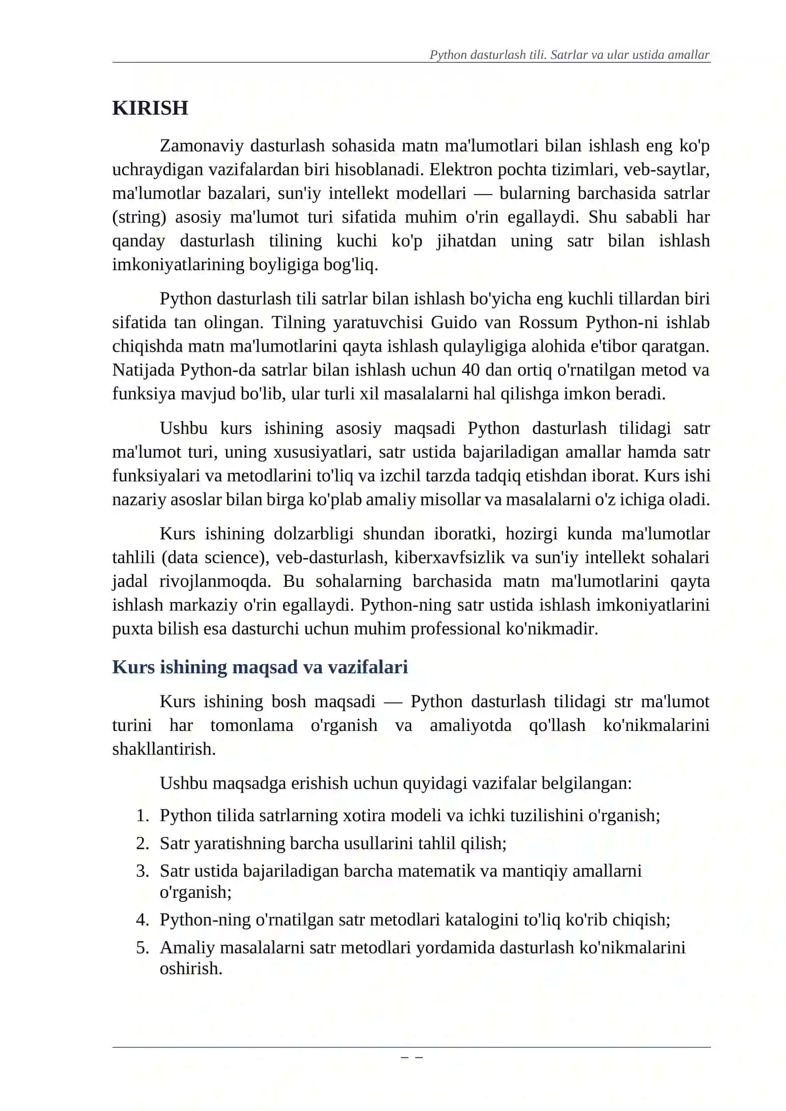 PYTHON DASTURLASH TILIDA SATRLAR. SATR USTIDA AMALLAR VA SATR FUNKSIYALARI 3