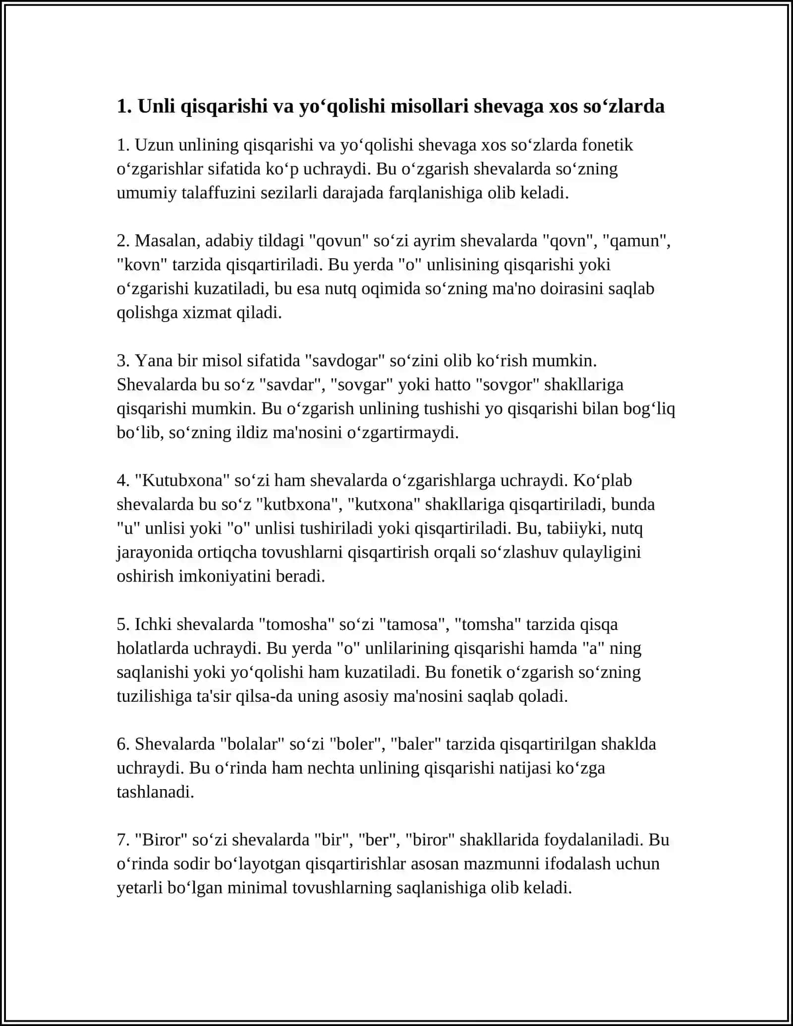 SHEVAGA XOS BOʻLGAN KUCHLI FONETIK OʻZGARISHGA UCHRAGAN SOʻZLAR 3